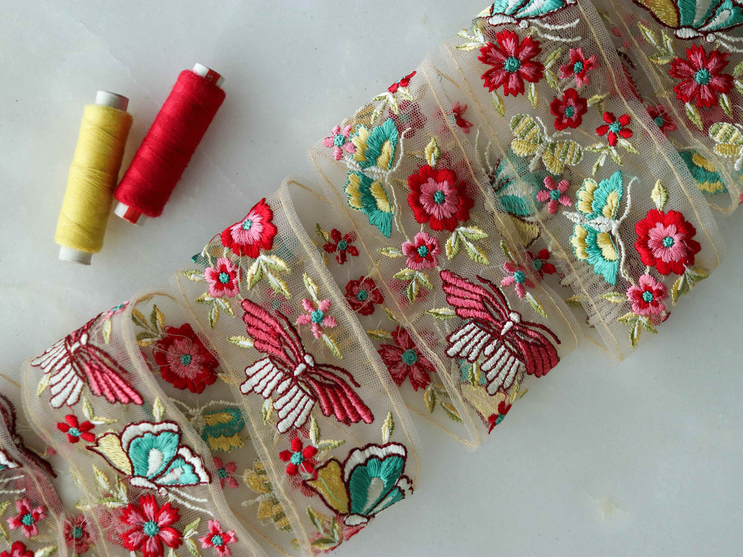 Pink Yellow Butterfly Floral Trim,Embroidered Floral Net Border,Pink Teal Floral Lace,Indian Fabric Trim,Butterfly Saree Border,Price/mtr