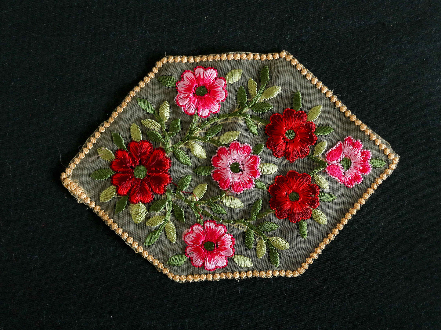 Beige Red Floral embroidered patch,Net Floral bouquet applique, Red Pink fabric patch,Quirky Boho DIY Floral Patch