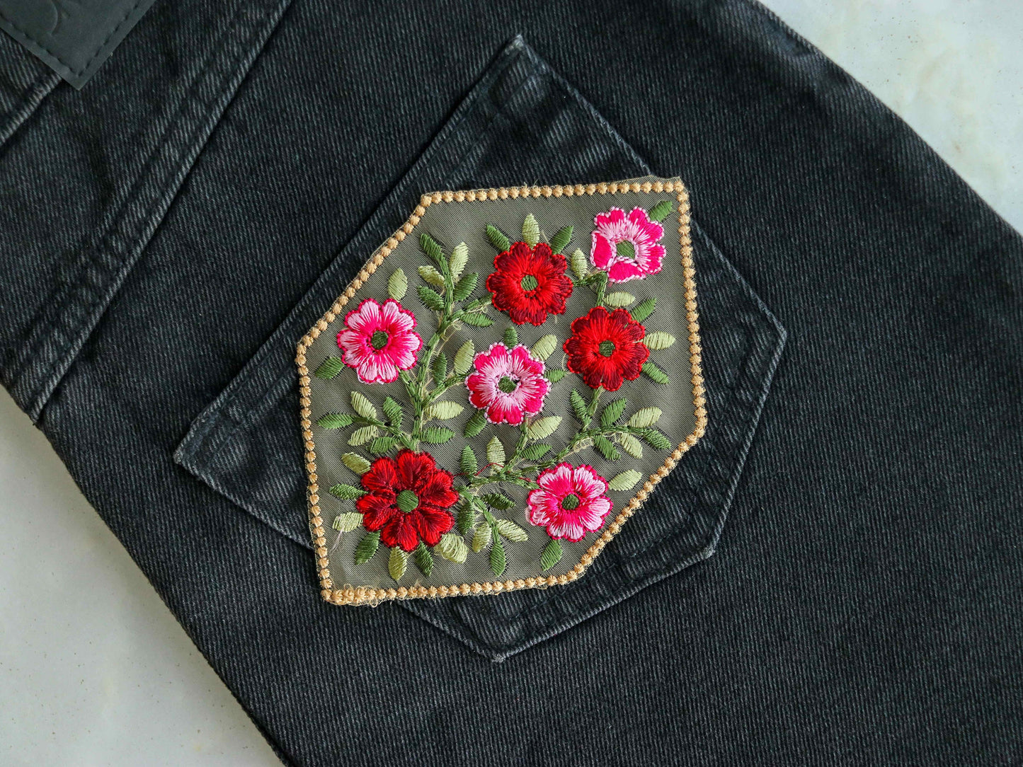 Beige Red Floral embroidered patch,Net Floral bouquet applique, Red Pink fabric patch,Quirky Boho DIY Floral Patch