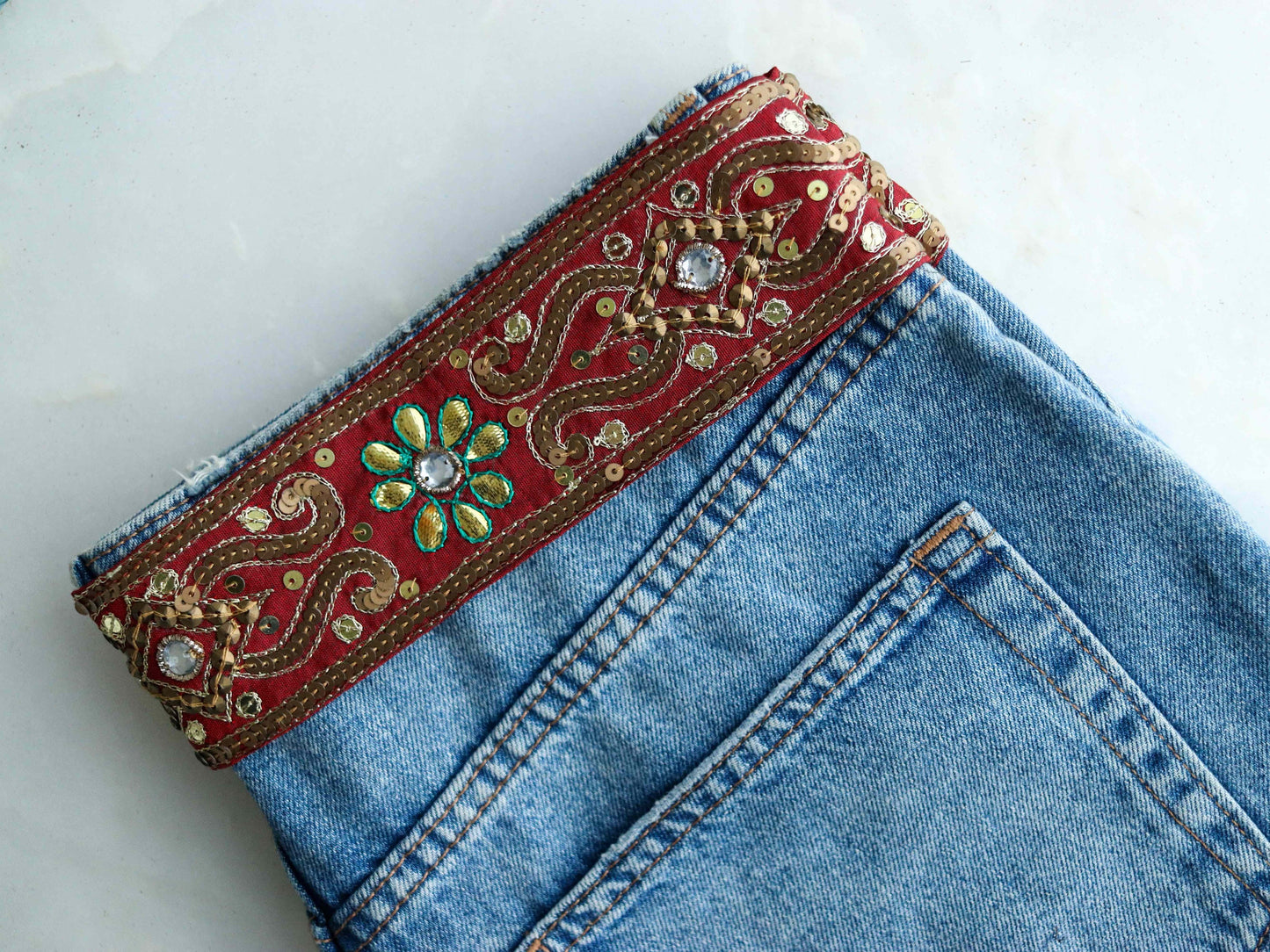 Vintage Red Gold Embroidered Trim,Handmade Old Gold Sequin Floral Border,Antique Red Bridal Saree Border,Indian Fabric Trim,Price/mtr