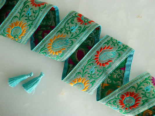 Blue Floral Banarasi Trim,Brocade Silk Border,Indian Brocade Lace,Banarasi Saree Border,Blue Bridal Trim,Price/mtr