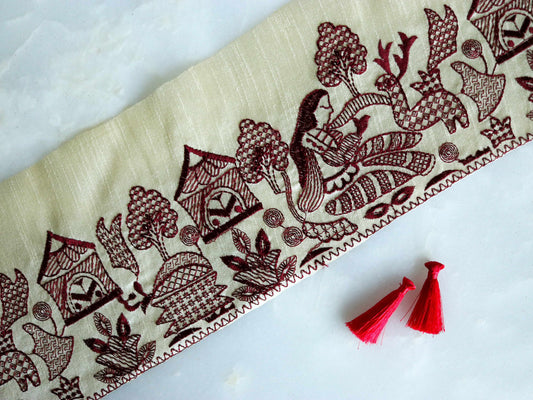Cream Red Madhubani Embroidered Trim,Indian Tribal Folk Embroidery Border,Woman Human Deer Animal Lace, Boho Quirky Trim,Price/mtr