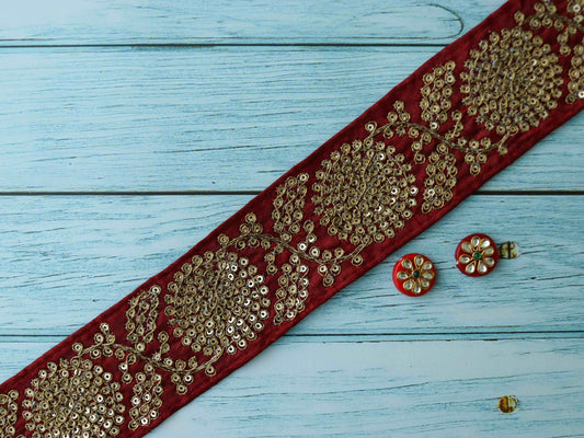 Red Gold Sequin Embroidered Trim,Red Gold Floral Border,Red Gold Sequin Lace,Red Bridal Trim,Indian Fabric Trim,Price/mtr