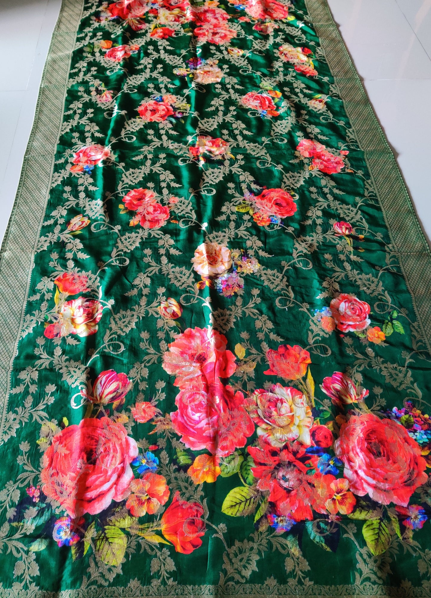 Mohini - Green Pink Banarasi Dupatta,Floral Digital Print Colourful Green Gold Silk Stole,Indian Silk Fabric,Green Gold Shawl,Gift for her