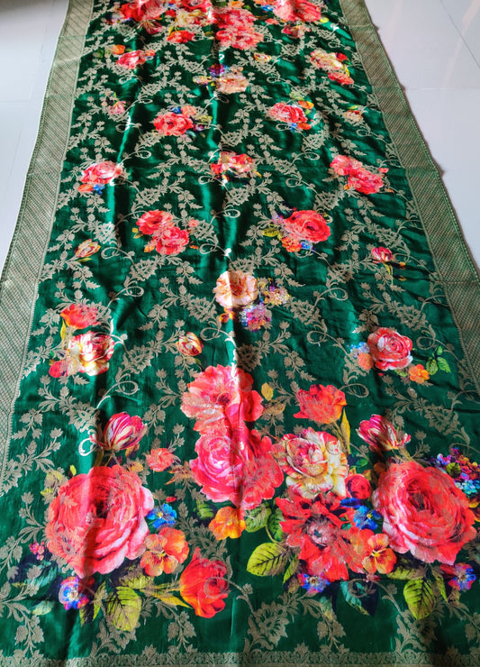 Mohini - Green Pink Banarasi Dupatta,Floral Digital Print Colourful Green Gold Silk Stole,Indian Silk Fabric,Green Gold Shawl,Gift for her