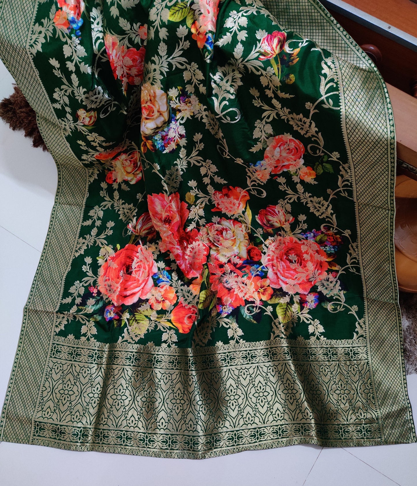Mohini - Green Pink Banarasi Dupatta,Floral Digital Print Colourful Green Gold Silk Stole,Indian Silk Fabric,Green Gold Shawl,Gift for her