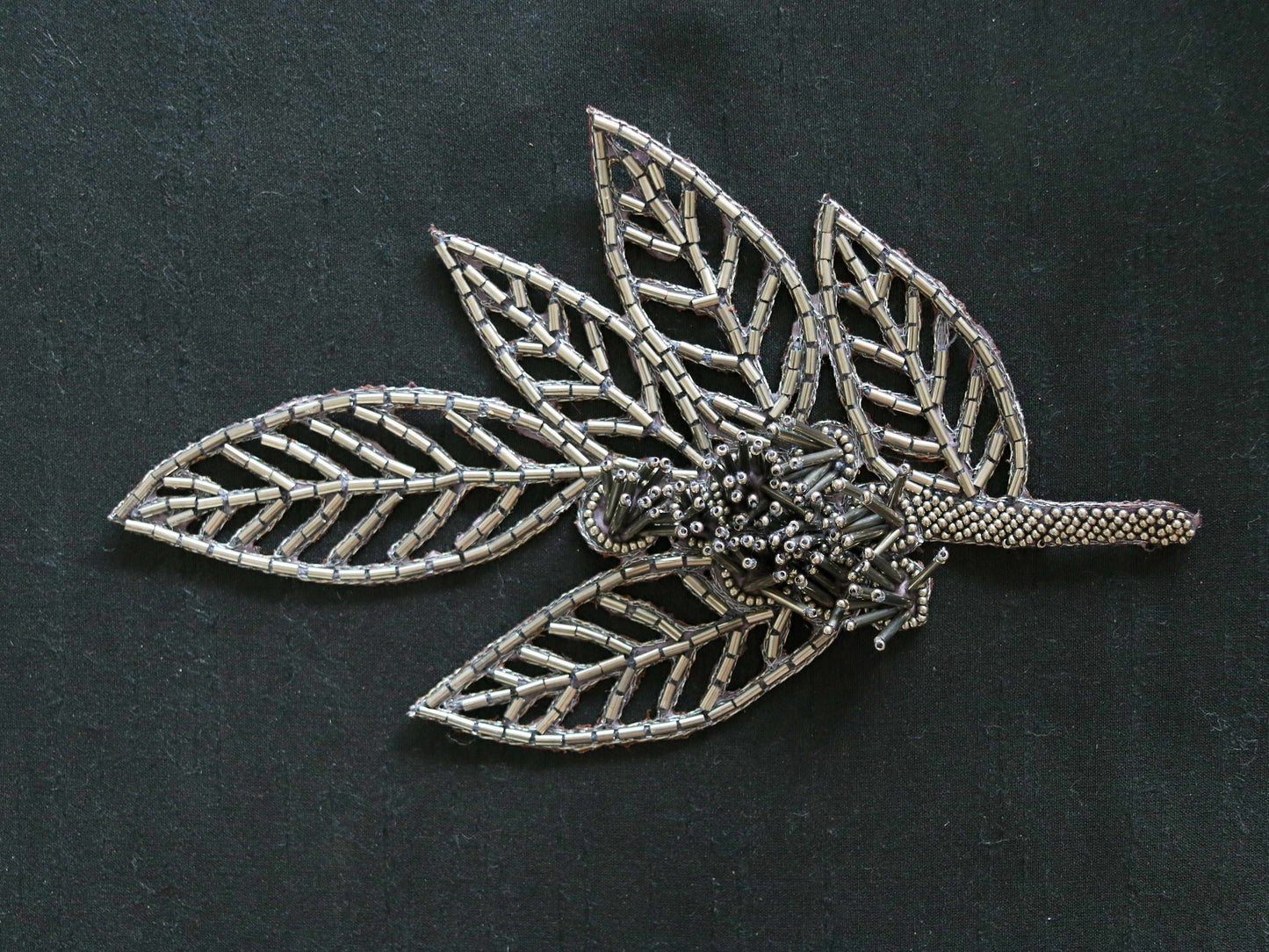Silver Leaf Cutwork Embroidered Patch,Handmade Old Silver Beaded Leaf Applique, Silver Cutwork Patch,DIY Costume Dress Patch