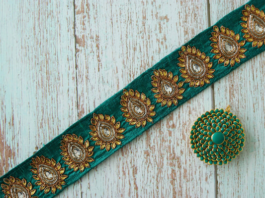 Green Gold Teardrop Embroidered Trim,Handmade Calcutta Embroidered Border,Green Kundan Lace,Indian Fabric Bridal Designer Trim,Price/mtr