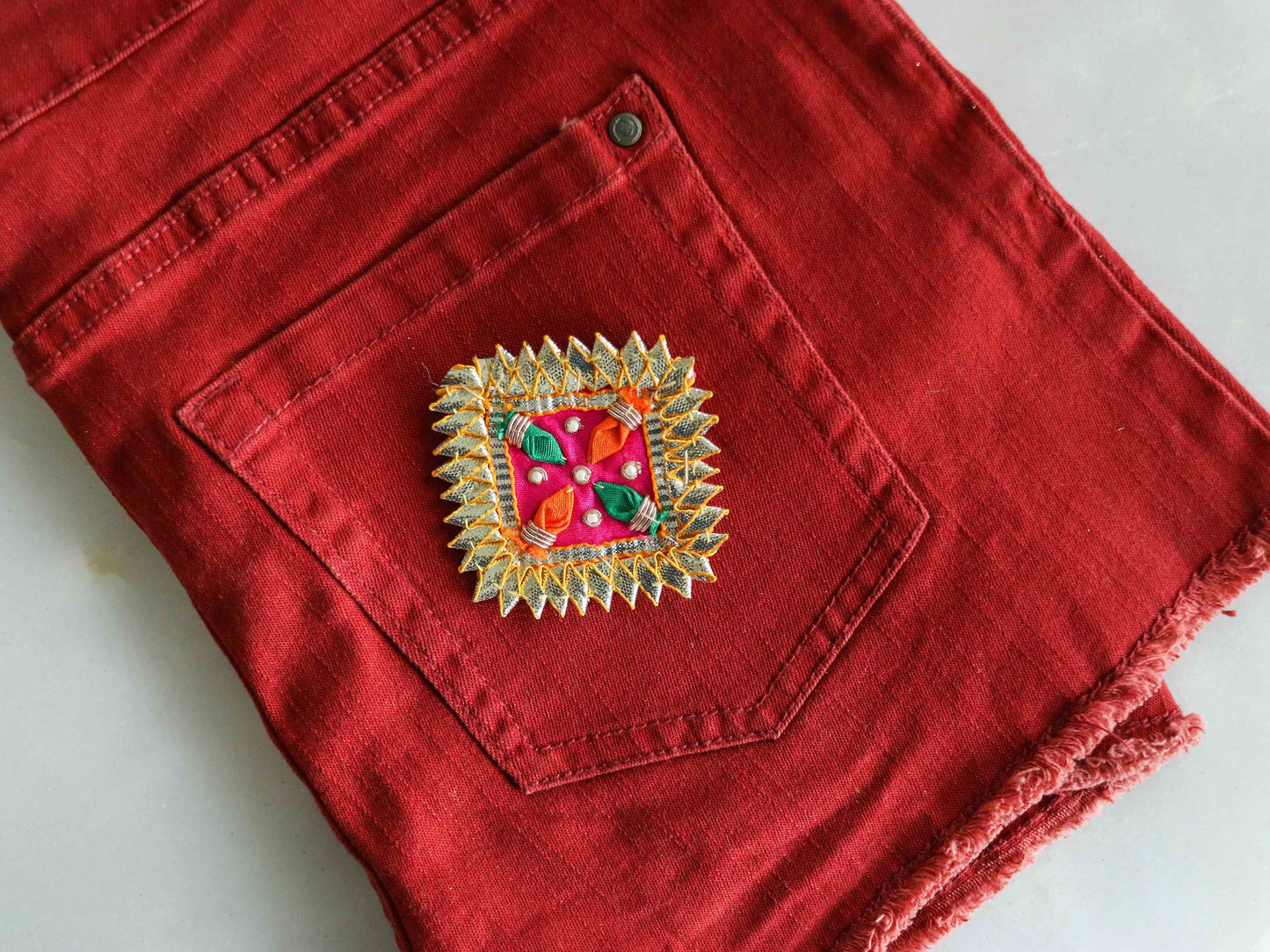 Square Pink GOld Embroidered Patch,Indian Handmade Gota Applique, Gold Foil colourful festive Kutchi patch,DIY Patch