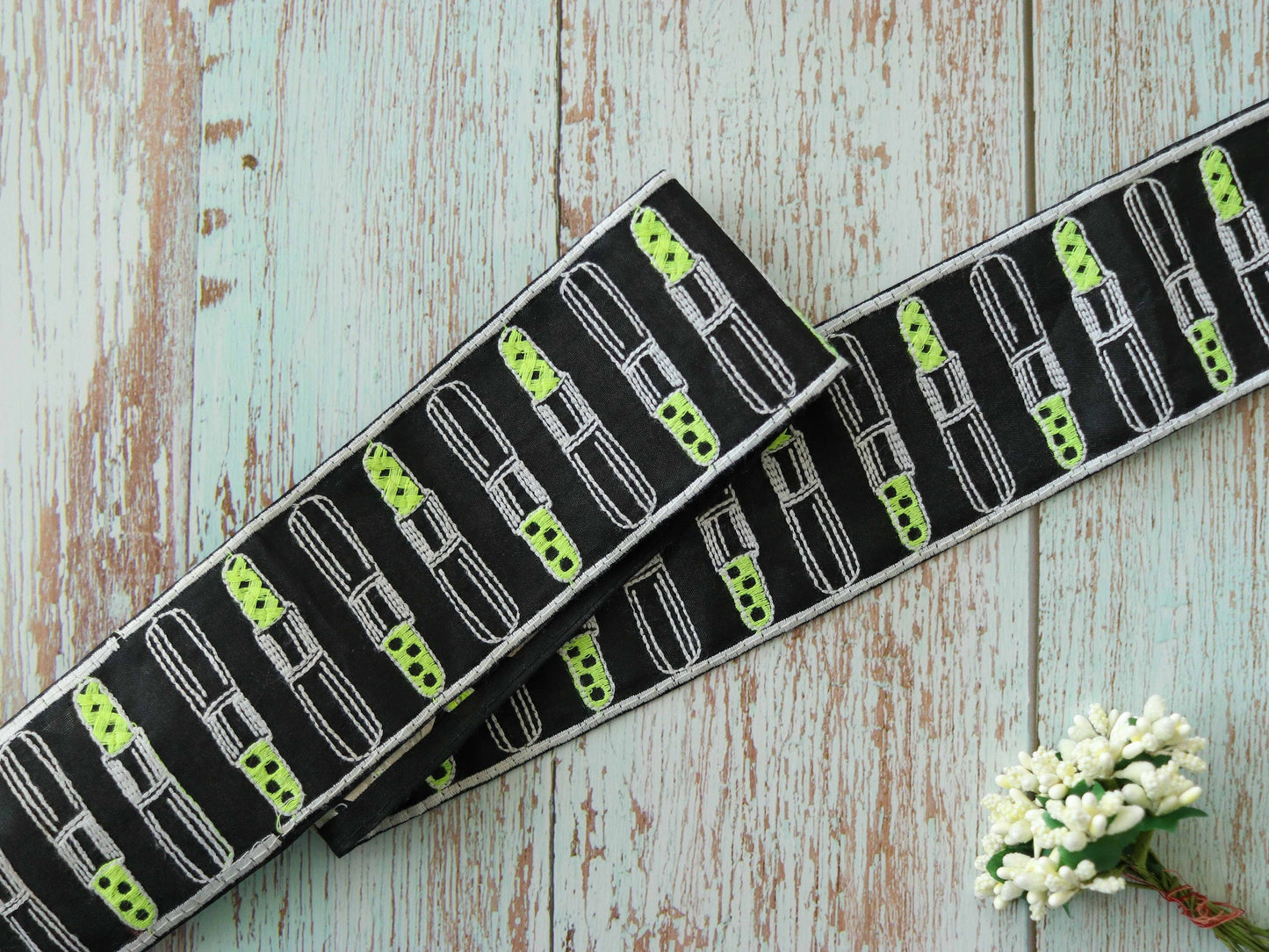 Quirky Lipstick Embroidered Trim,Boho Make-up Embroidered Lace,Black Green Playful Indian Saree Border,Price/mtr