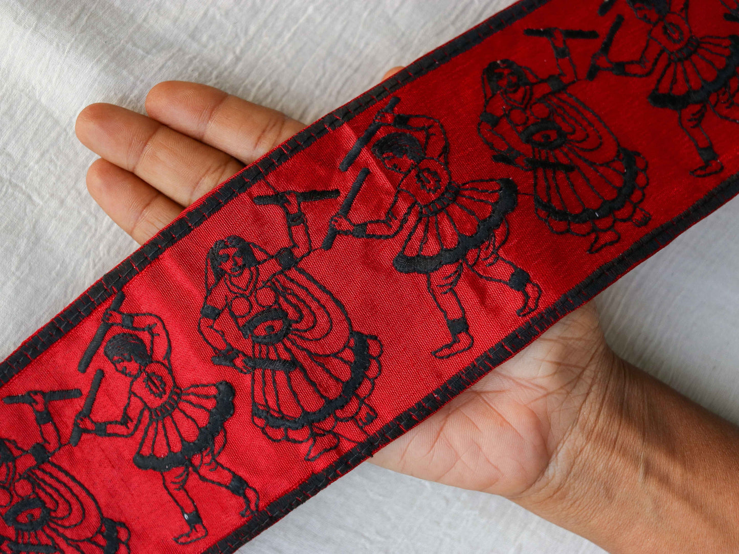 Red Black Dandiya Embroidered Trim, Kutchi Indian Border,Human Couple Dancing Festive Lace,Tribal Boho Hippie Black Saree Border,Price/mtr