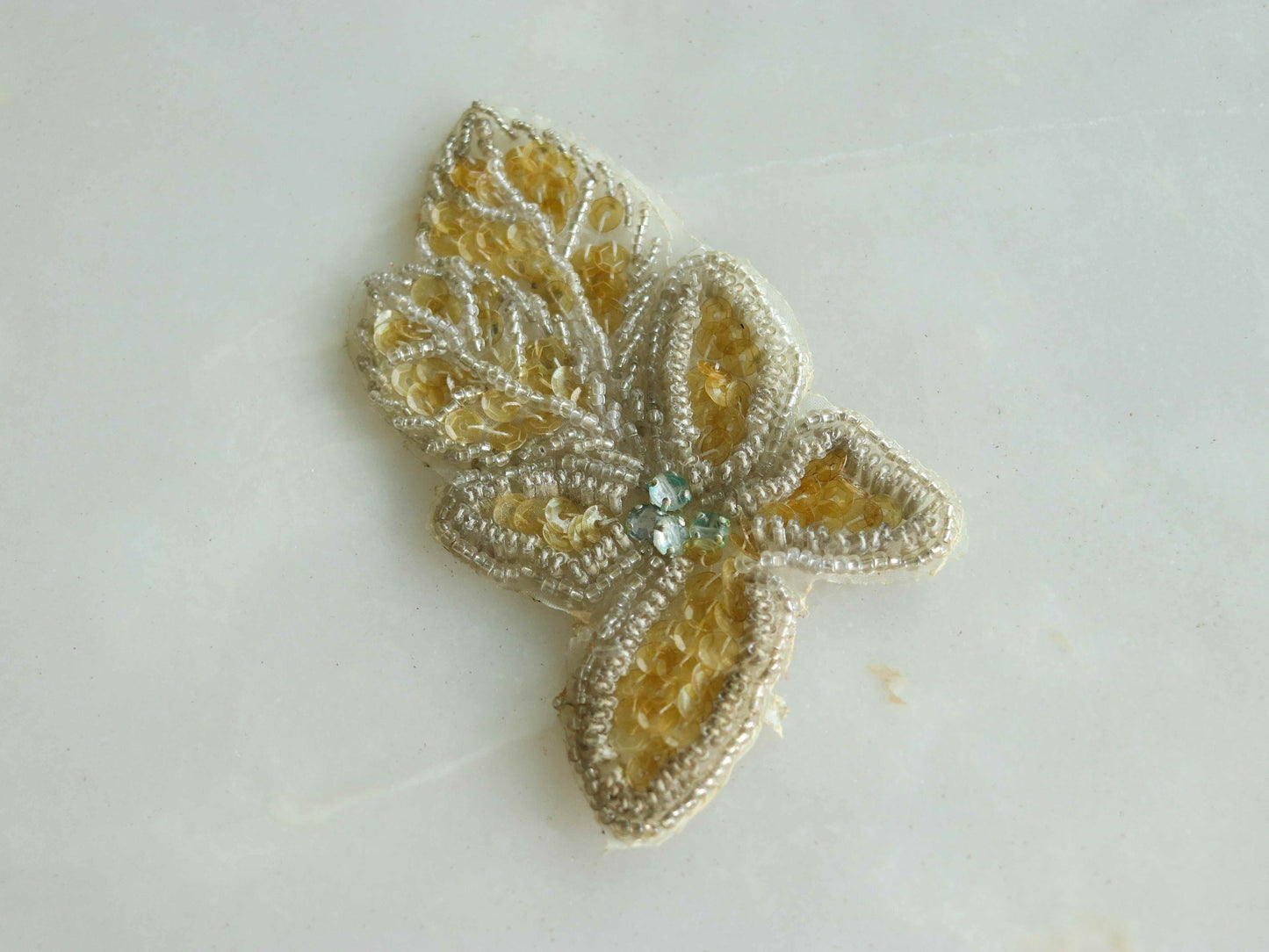 Vintage White Leaf Beaded patch,Handmade embroidered applique, Vintage White patch,Old Recycled Applique,DIY Patch