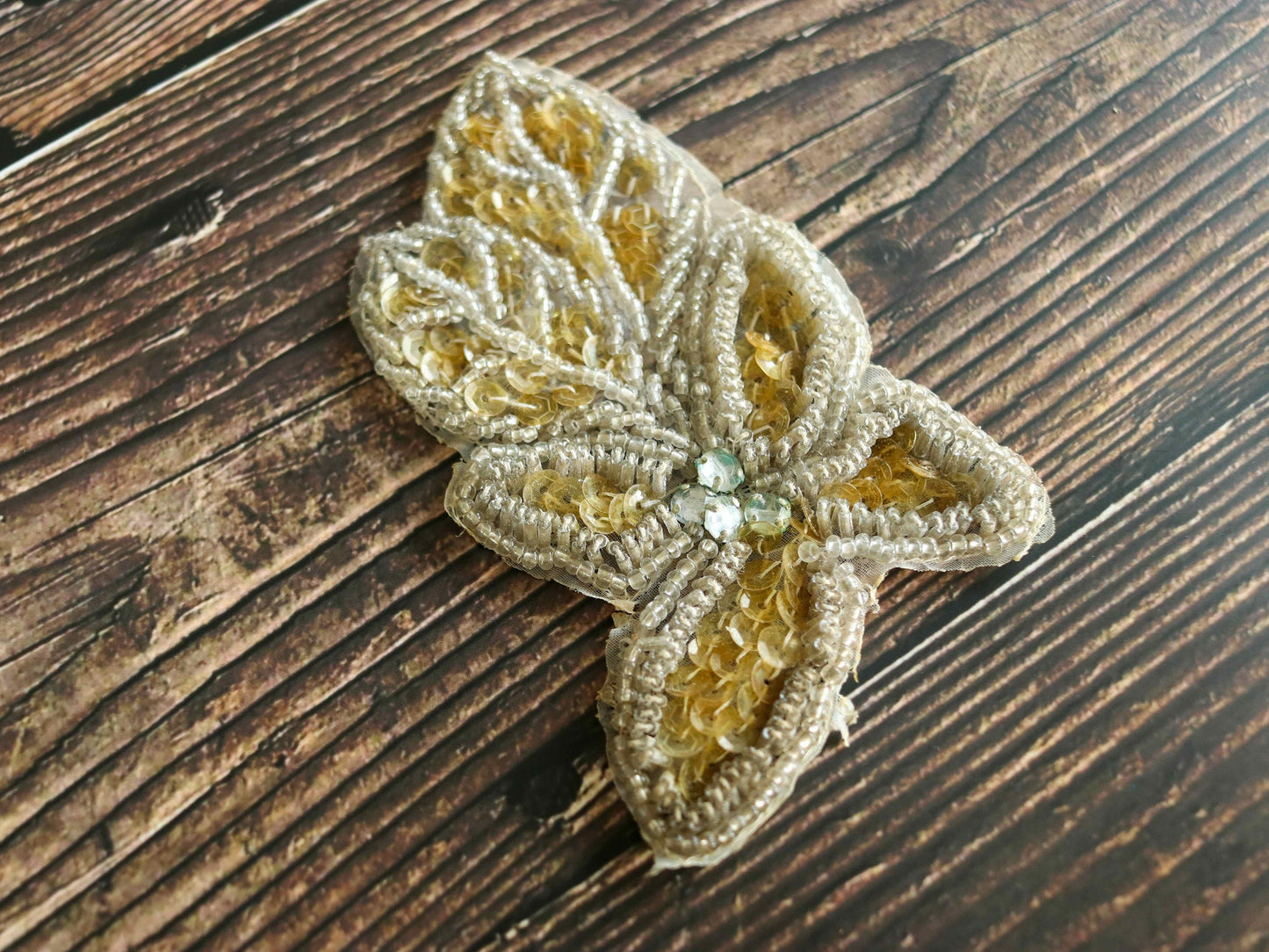 Vintage White Leaf Beaded patch,Handmade embroidered applique, Vintage White patch,Old Recycled Applique,DIY Patch