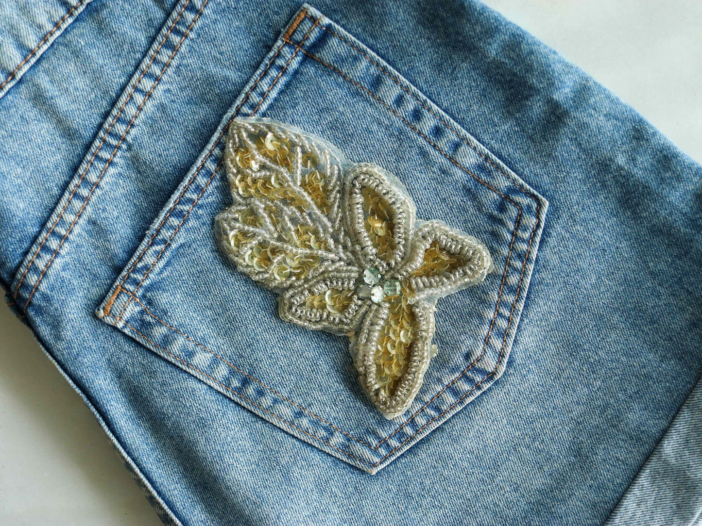 Vintage White Leaf Beaded patch,Handmade embroidered applique, Vintage White patch,Old Recycled Applique,DIY Patch