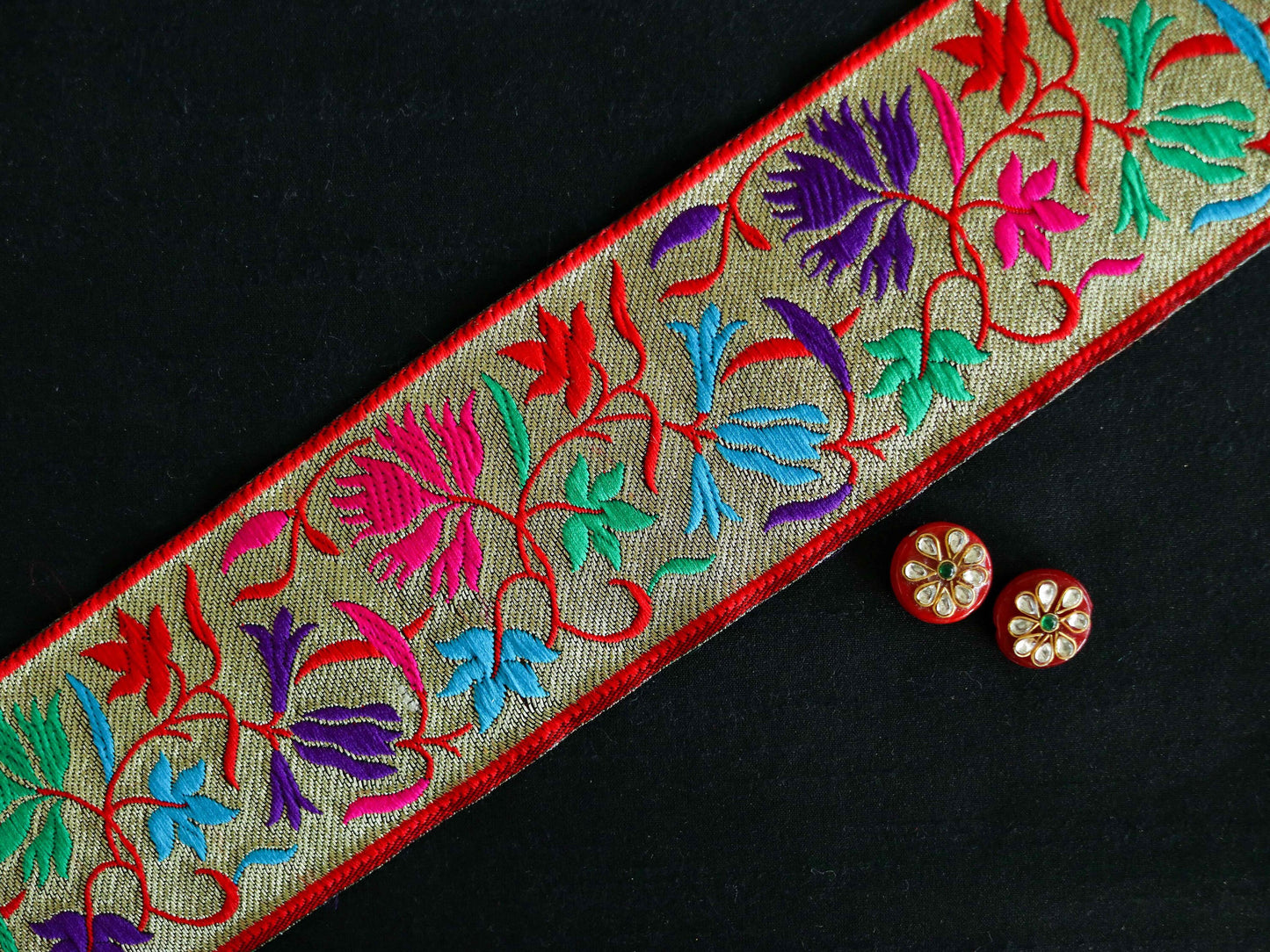 Red Gold Floral Banarasi Trim, Brocade Silk Border, Multicolour Indian Brocade Lace, Banarasi Saree Border, Floral Bridal Trim, Price/mtr