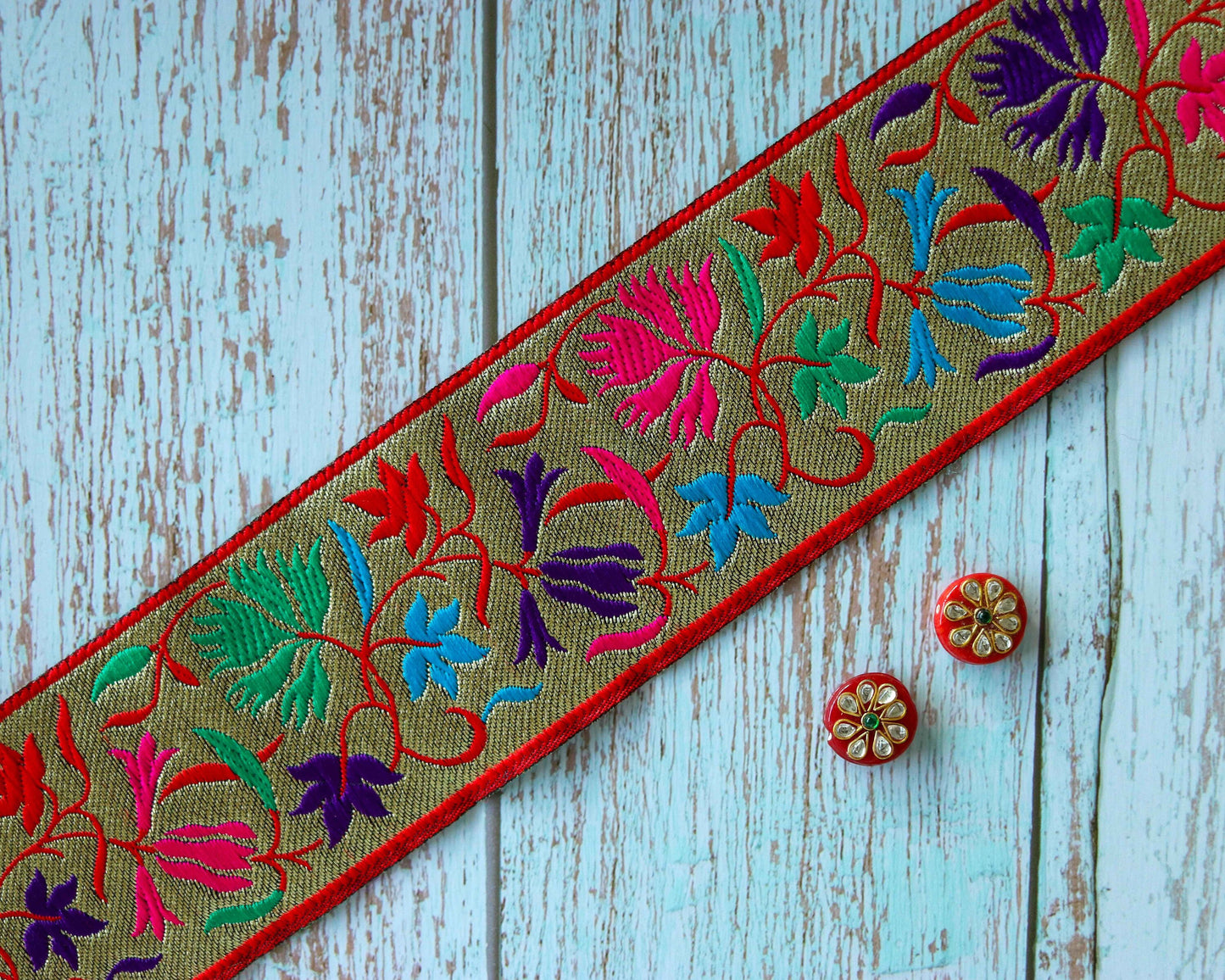 Red Gold Floral Banarasi Trim, Brocade Silk Border, Multicolour Indian Brocade Lace, Banarasi Saree Border, Floral Bridal Trim, Price/mtr