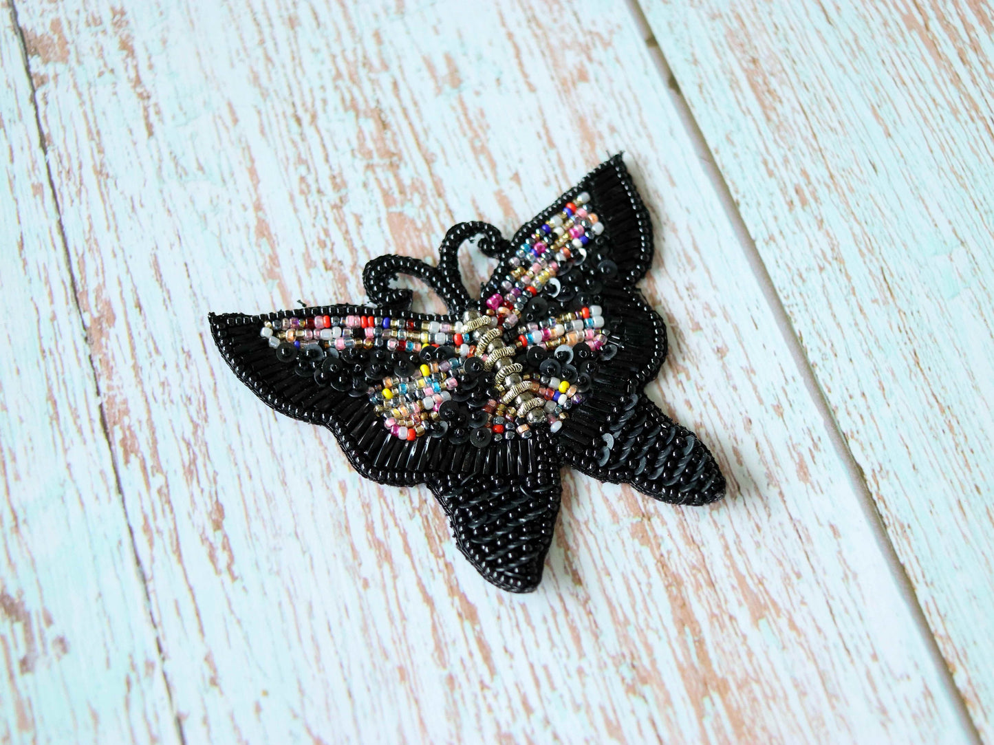 Black Butterfly Beaded Patch,Handmade Embroidered Black Insect Applique, Boho Quirky Butterfly Patch,DIY Patch