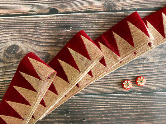 Maroon Gold Triangle Velvet Trim,Indian Temple Weave Border,Burgundy Gold Pyramid Lace,Velvet Saree Border,Price/mtr