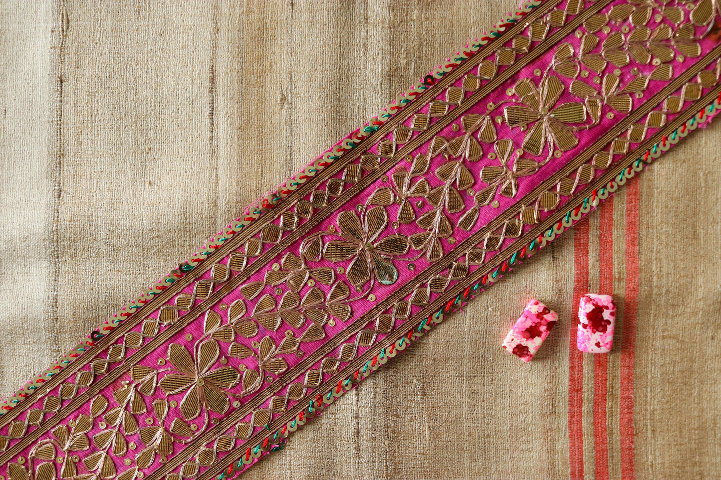 Vintage Pink Gold Embroidered Trim,Handmade Gold Gota Sequin Floral Border,Antique Pink Bridal Saree Border,Indian Fabric Trim,Price/mtr