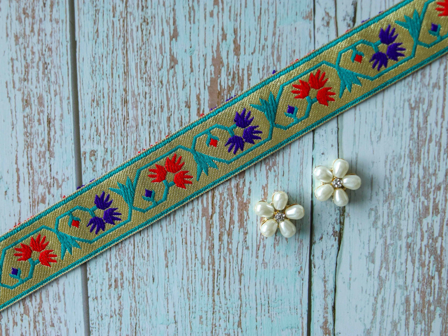 Red Blue Floral Banarasi Trim,Brocade Border,Indian Brocade Lace,Banarasi Saree Border,Golden Bridal Trim,Price/mtr