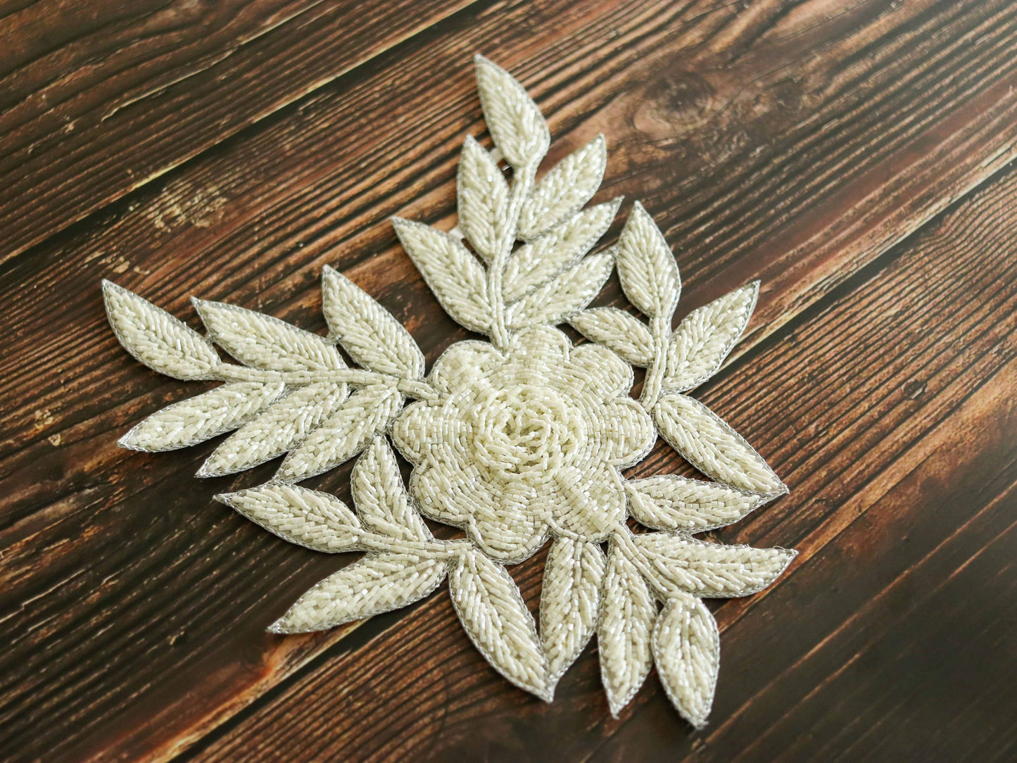 White Beaded Floral Embroidered Patch,Handmade embroidered large flower applique, White wedding Floral patch, DIY Patch