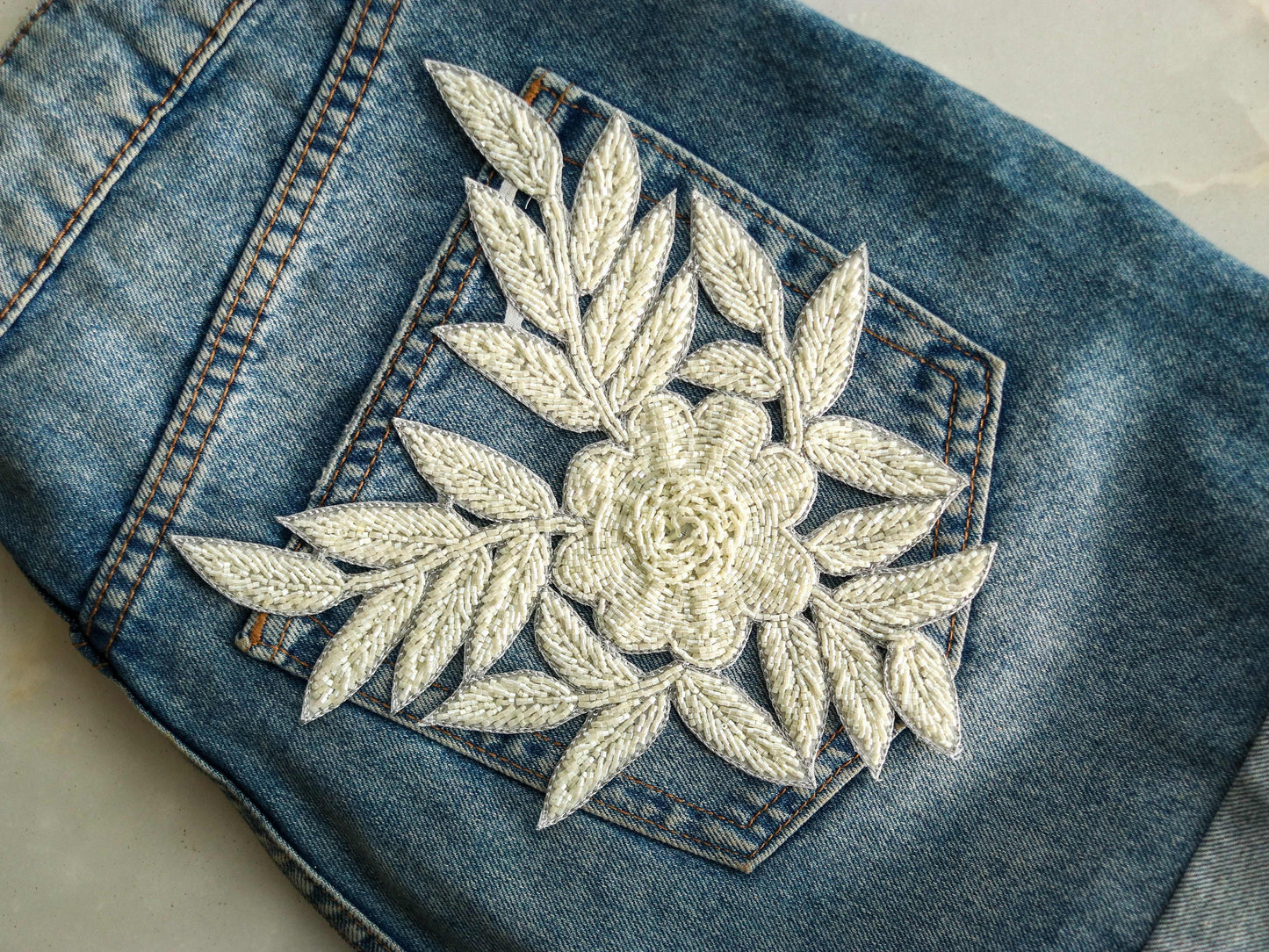 White Beaded Floral Embroidered Patch,Handmade embroidered large flower applique, White wedding Floral patch, DIY Patch