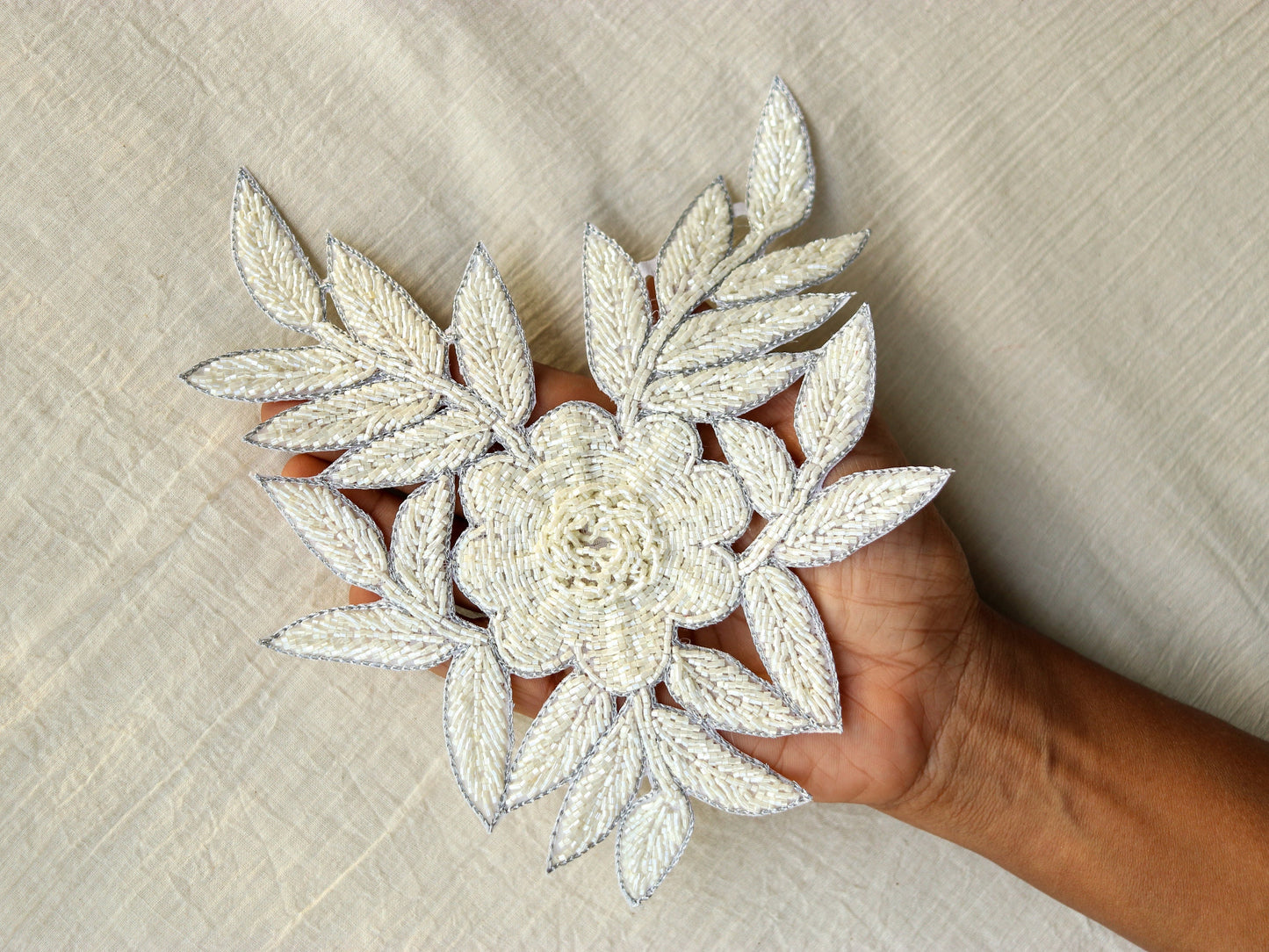 White Beaded Floral Embroidered Patch,Handmade embroidered large flower applique, White wedding Floral patch, DIY Patch