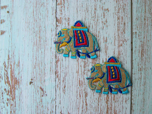 Beige Blue Elephant Embroidered Patch,Handmade embroidered applique,Small Elephant Patch,DIY Animal Denim Patch,Sew on applique