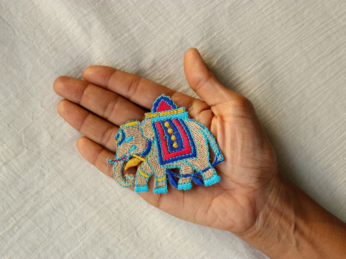 Beige Blue Elephant Embroidered Patch,Handmade embroidered applique,Small Elephant Patch,DIY Animal Denim Patch,Sew on applique