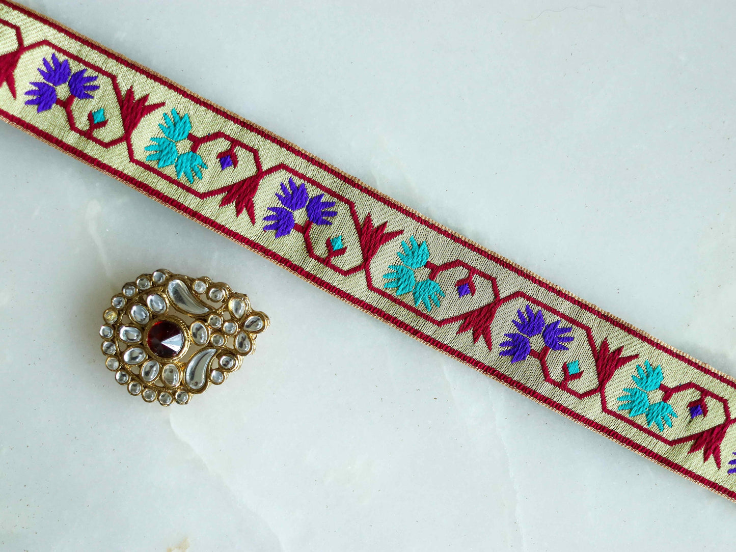 Purple Gold Floral Banarasi Trim,Brocade Border,Indian Brocade Lace,Banarasi Saree Border,Golden Bridal Trim,Price/mtr