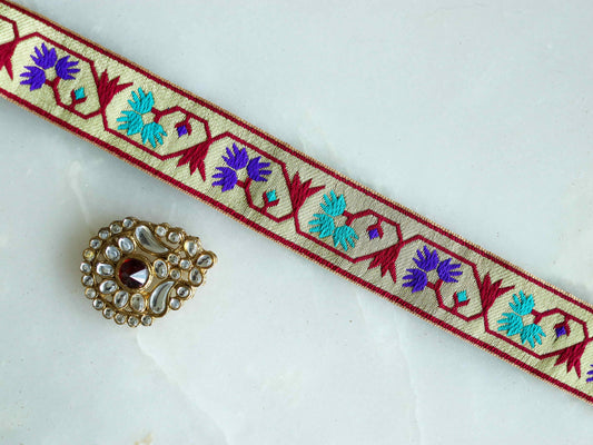 Purple Gold Floral Banarasi Trim,Brocade Border,Indian Brocade Lace,Banarasi Saree Border,Golden Bridal Trim,Price/mtr