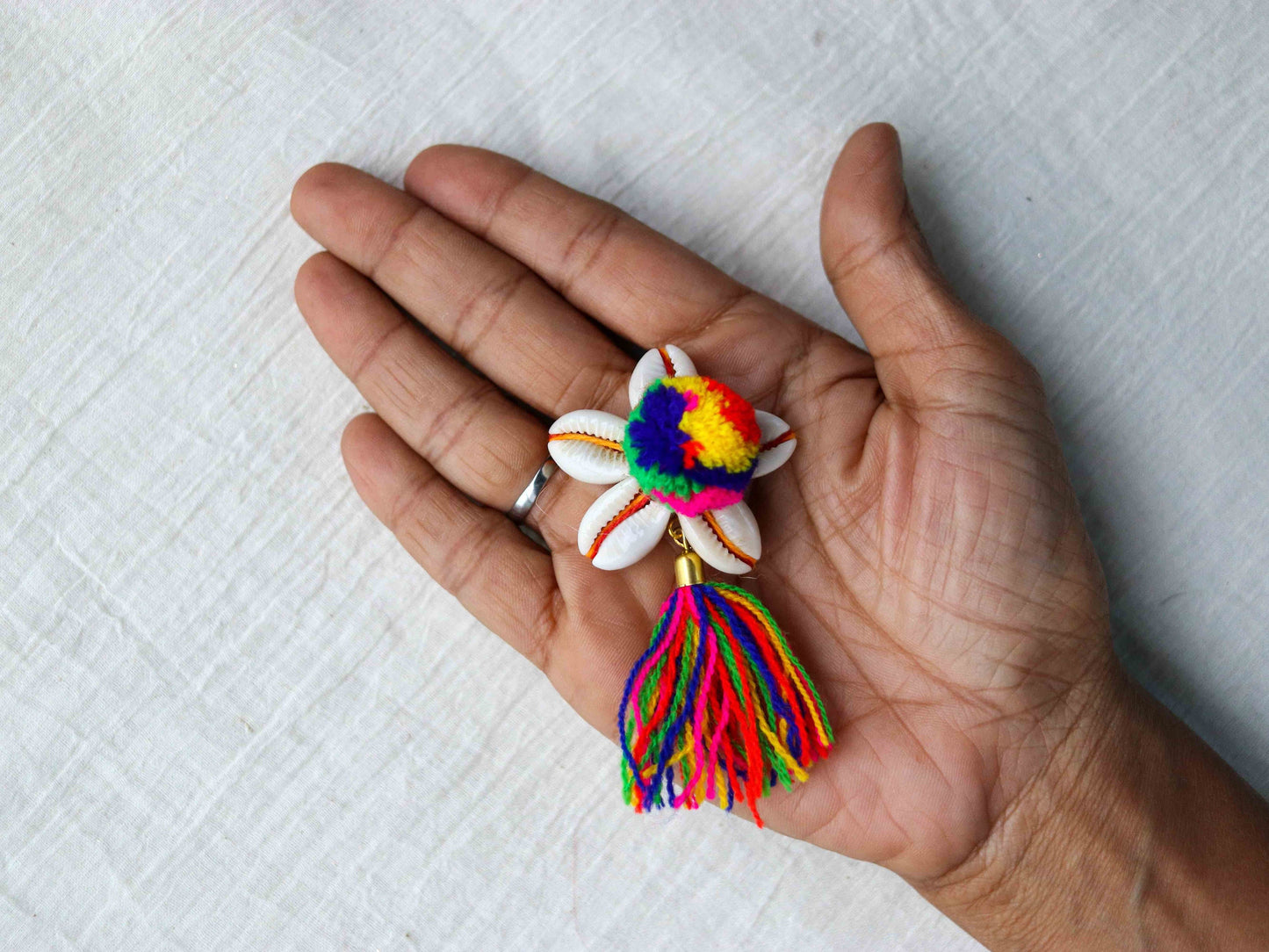 Cowrie Pompom Tassel Handmade Charm,Multicolour Boho Button Latkan, Quirky Rustic Indian Charm,Tufted Tassel Christmas Tree Decoration