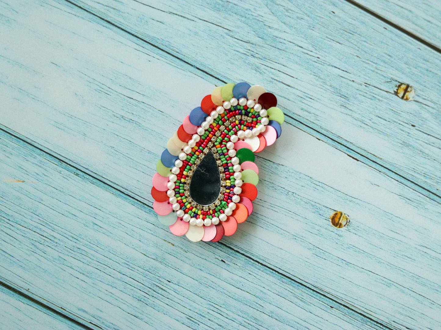 Multicolour Sequin Beaded Paisley Patch,Handmade Pastel Colour Sequin Mirror Applique, Boho Quirky Patch,DIY Patch