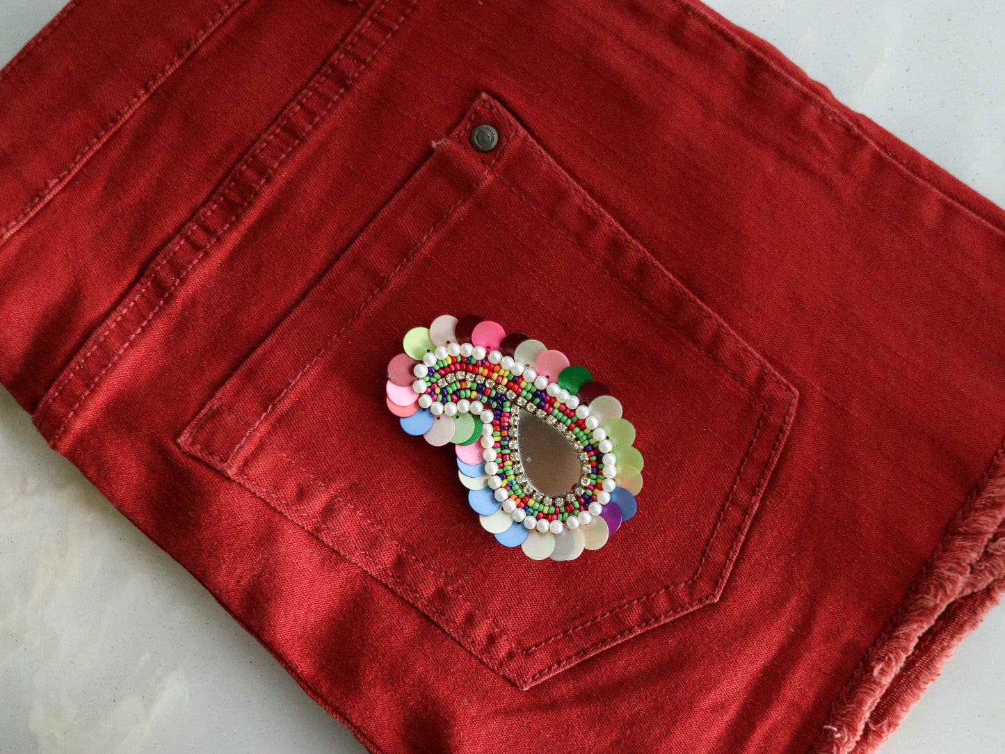 Multicolour Sequin Beaded Paisley Patch,Handmade Pastel Colour Sequin Mirror Applique, Boho Quirky Patch,DIY Patch
