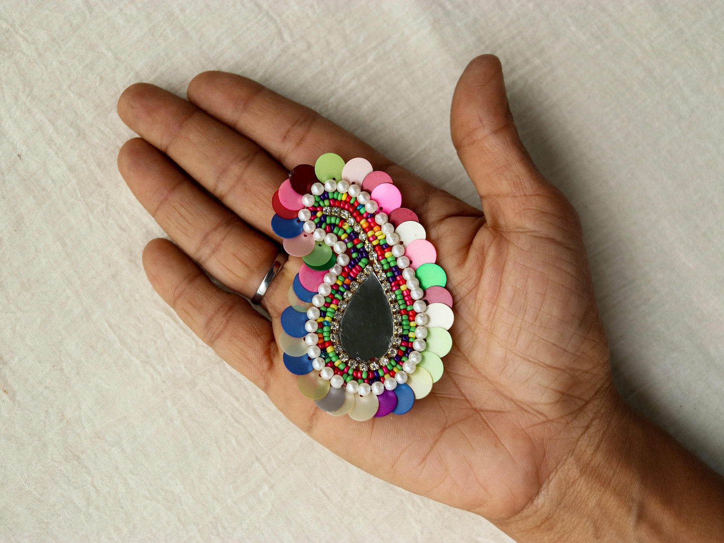 Multicolour Sequin Beaded Paisley Patch,Handmade Pastel Colour Sequin Mirror Applique, Boho Quirky Patch,DIY Patch