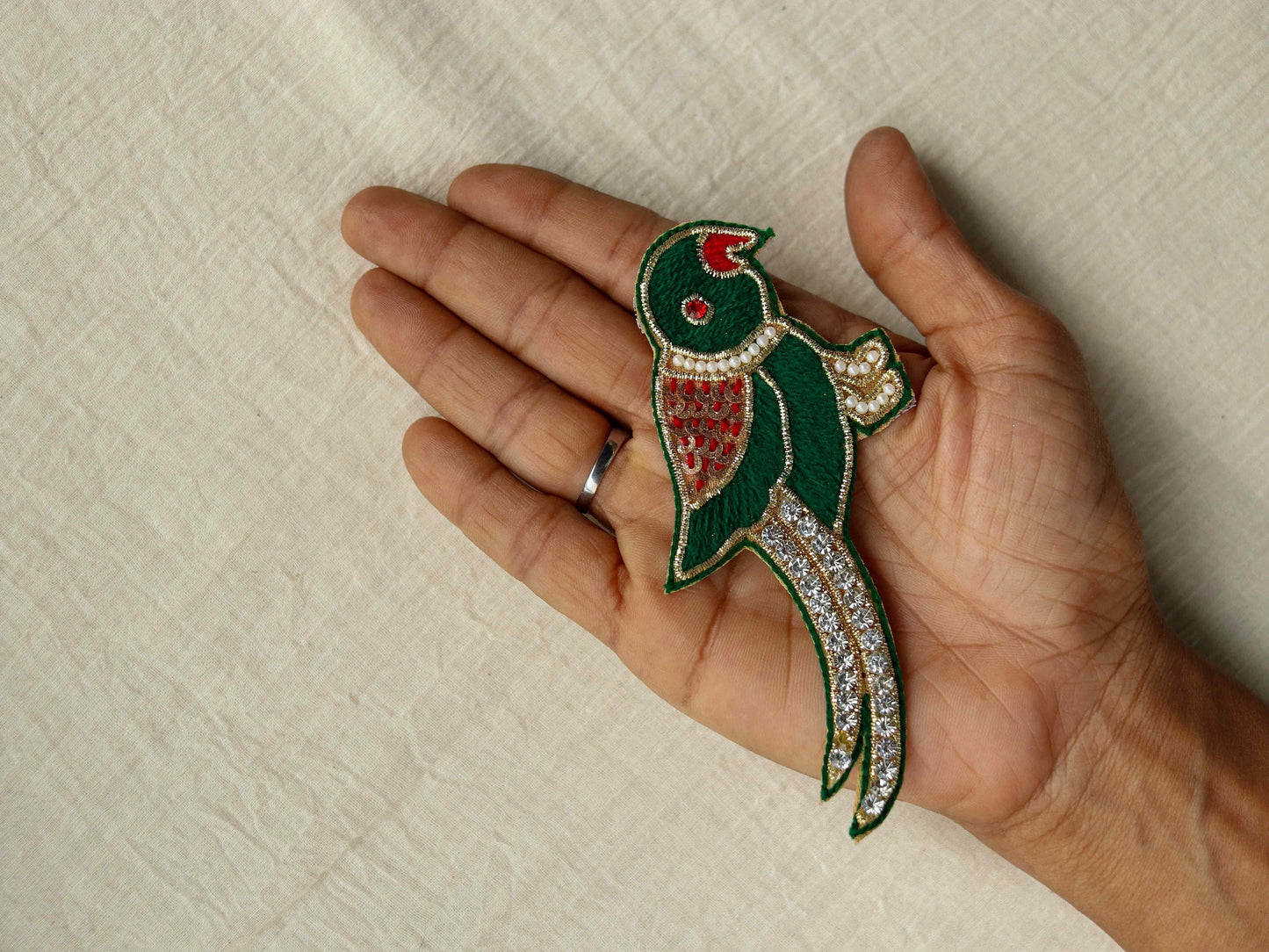 Green Gold Parrot embroidered patch,Handmade Parrot applique, Dark Green Gold bird patch,Quirky Boho DIY Bird Patch