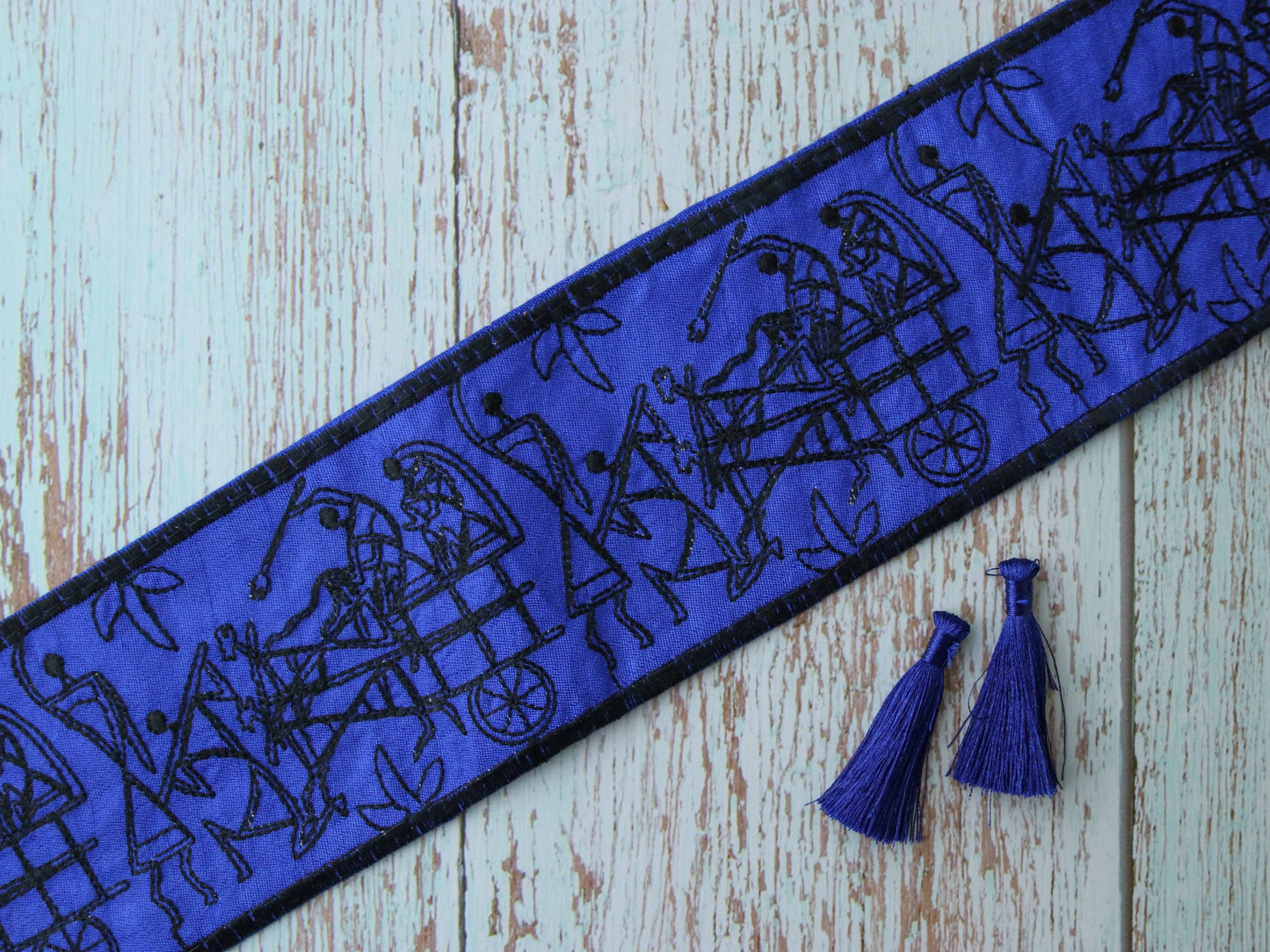 Blue Black Warli Embroidered Trim,Indian Tribal Folk Art Embroidery Border,Stick Figure Painting Lace,Boho Quirky Trim,Price/mtr