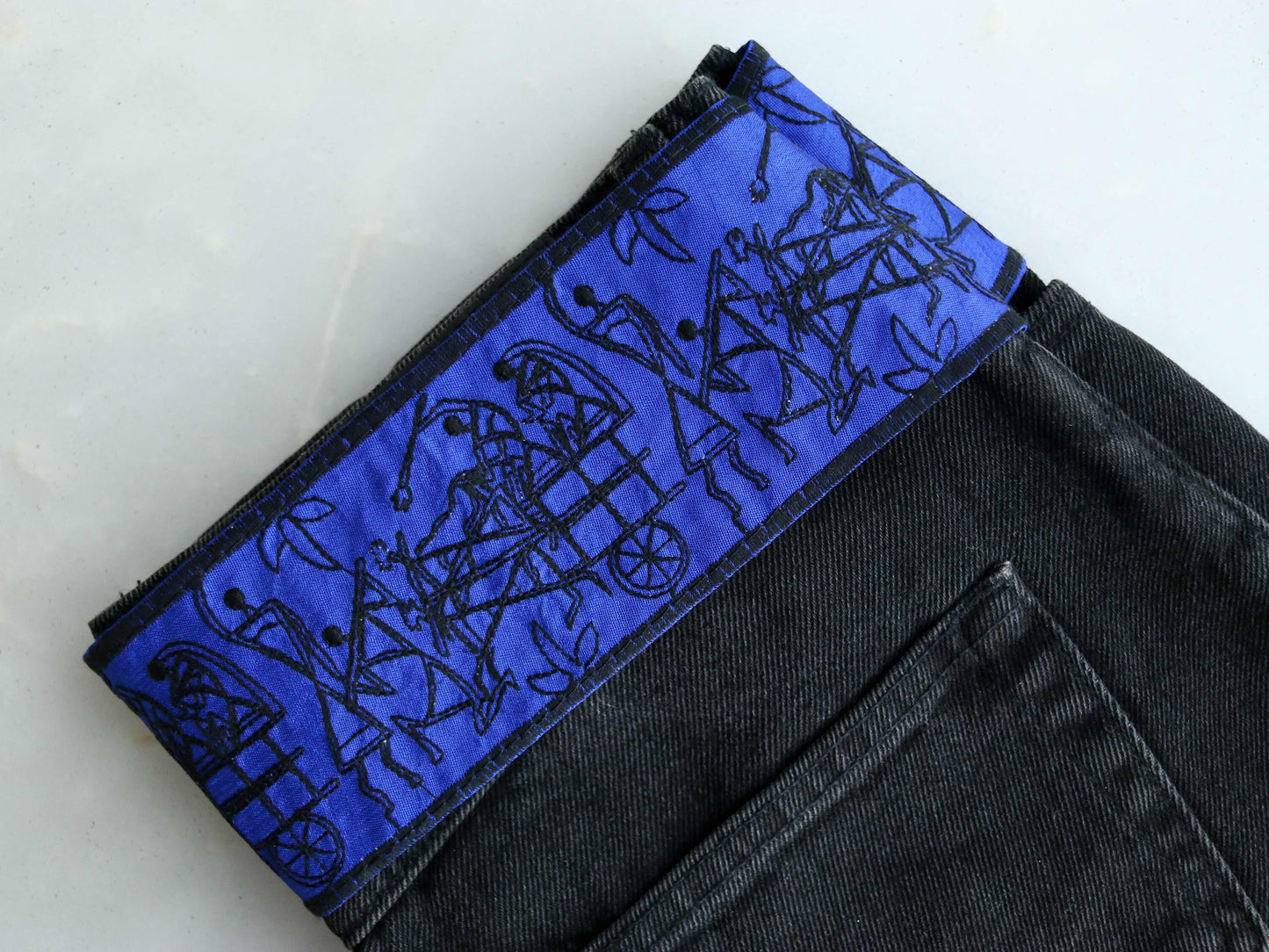 Blue Black Warli Embroidered Trim,Indian Tribal Folk Art Embroidery Border,Stick Figure Painting Lace,Boho Quirky Trim,Price/mtr