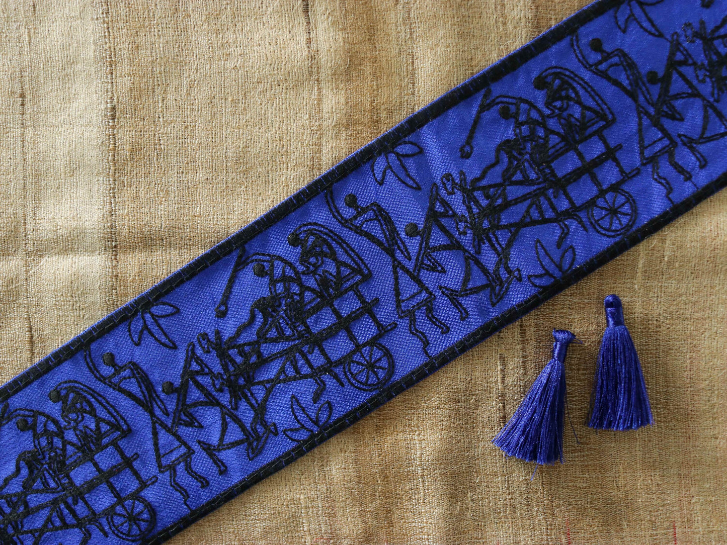 Blue Black Warli Embroidered Trim,Indian Tribal Folk Art Embroidery Border,Stick Figure Painting Lace,Boho Quirky Trim,Price/mtr