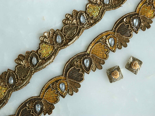 Vintage Gold Indian Embroidered Trim,Handmade Old Gold Sequin Floral Border,Cutwork Antique Bridal Saree Border,Price/mtr