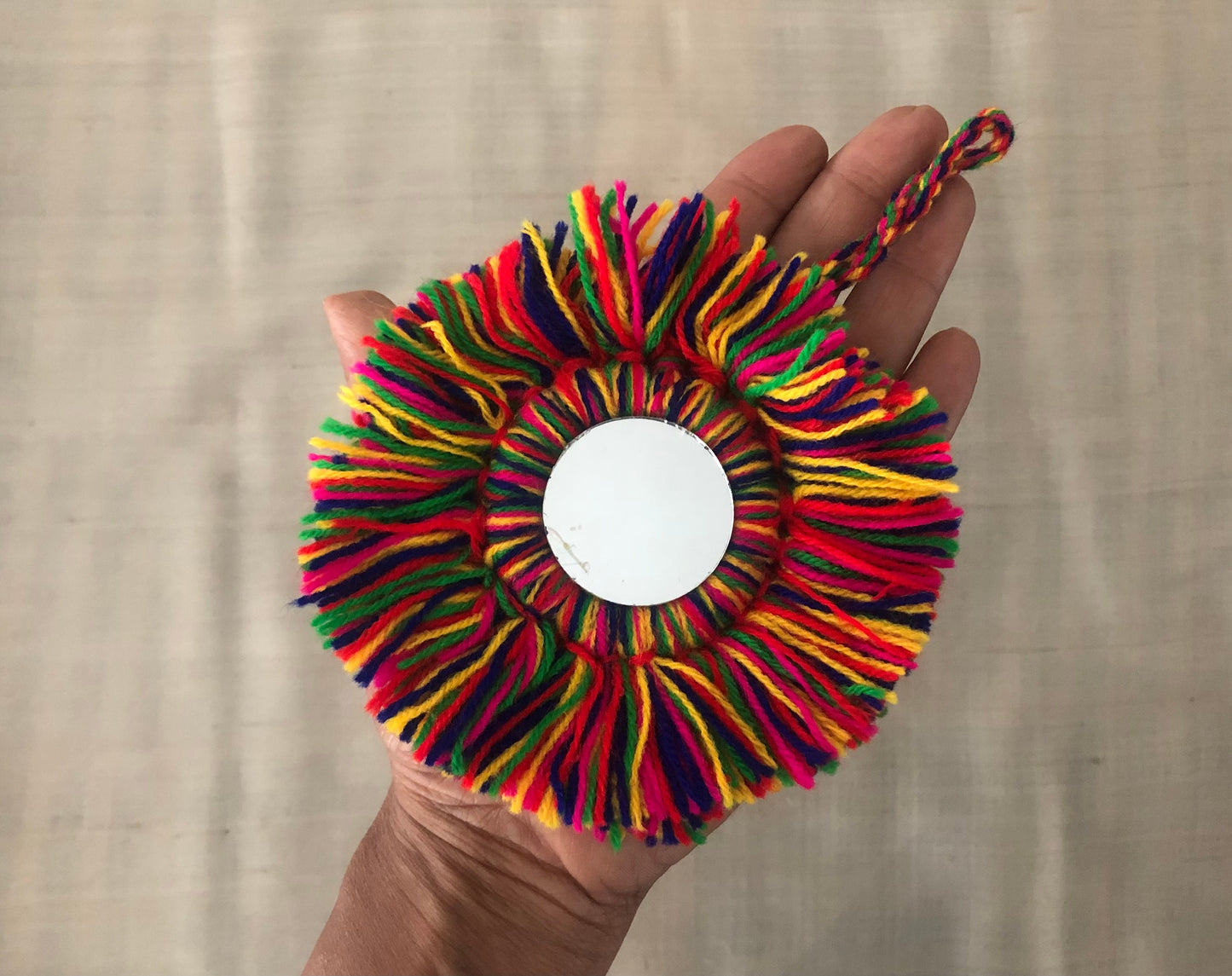Boho Multicolour Round Mirror Tassel,Handmade Latkan, Rainbow Woollen Tufted Tassel,Quirky Kitschy Indian Tribal Charm,Christmas Tree Supply