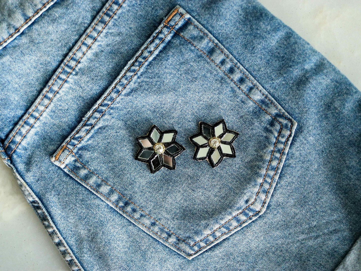 Black mirror floral embroidered patch,Handmade floral mirror applique, Black Gold zari butti floral patch,DIY Patch, 2 pieces