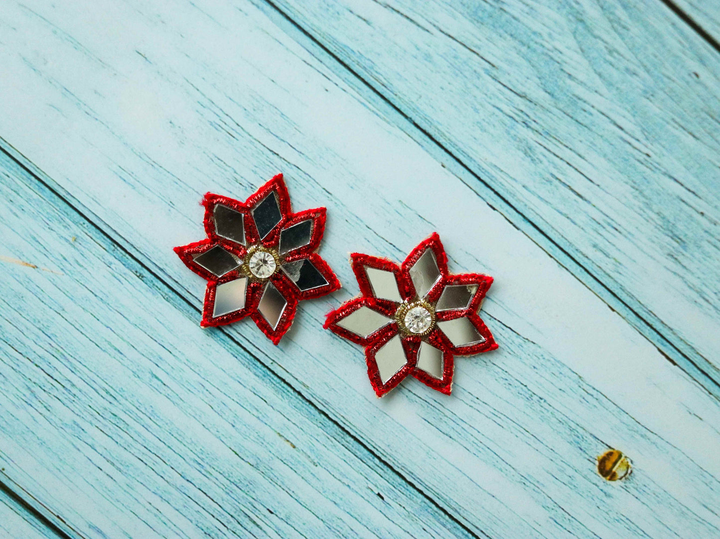 Red mirror floral embroidered patch,Handmade floral mirror applique, Red zari butti floral patch,DIY Patch, 2 pieces