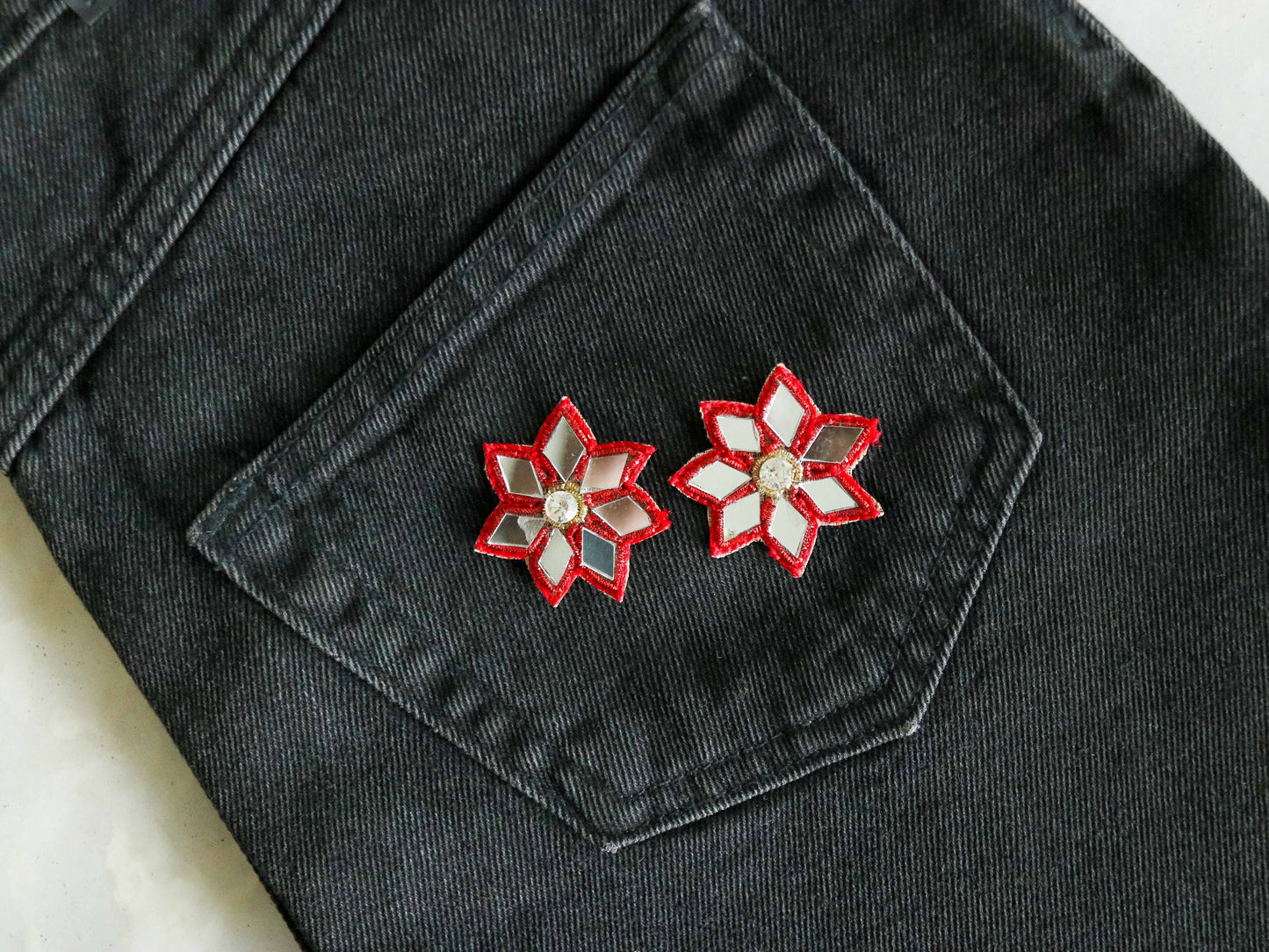 Red mirror floral embroidered patch,Handmade floral mirror applique, Red zari butti floral patch,DIY Patch, 2 pieces