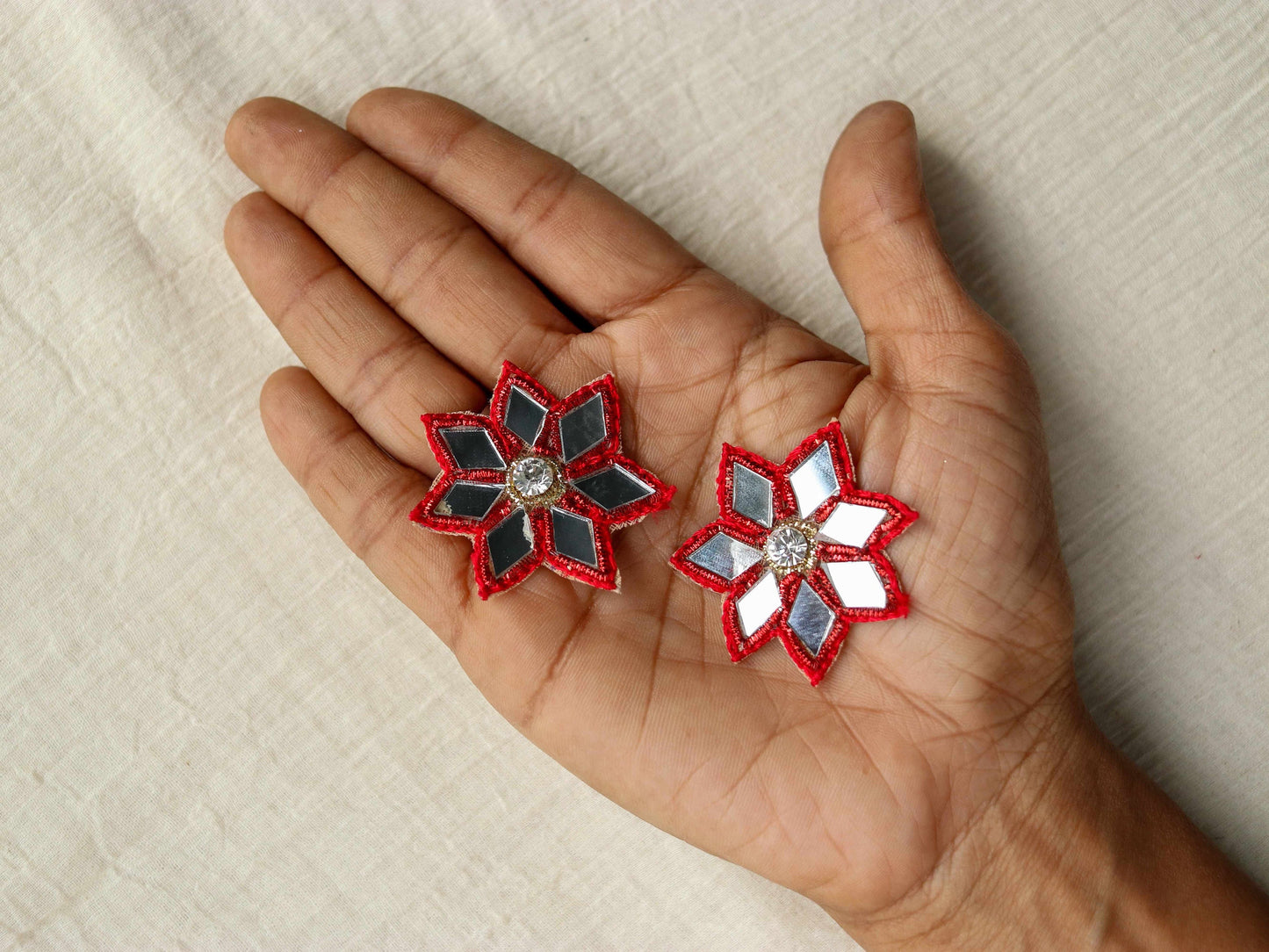 Red mirror floral embroidered patch,Handmade floral mirror applique, Red zari butti floral patch,DIY Patch, 2 pieces