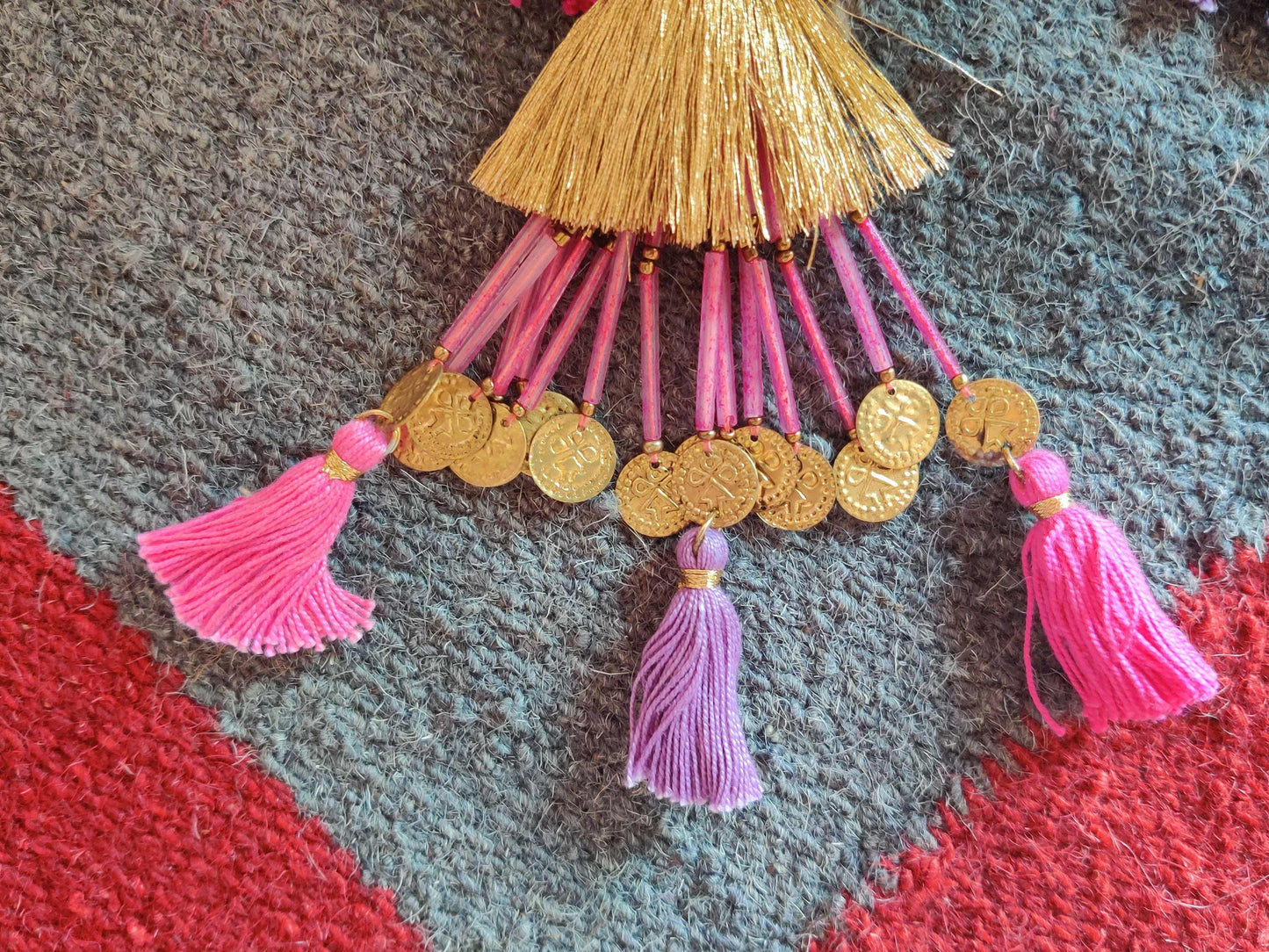 Boho Pink Blue Mirror Tassel,Handmade Charm,Pink Tufeted Tassel Latkan, Quirky Kitschy Indian Tribal Bag Charm,Christmas Tree Supplies