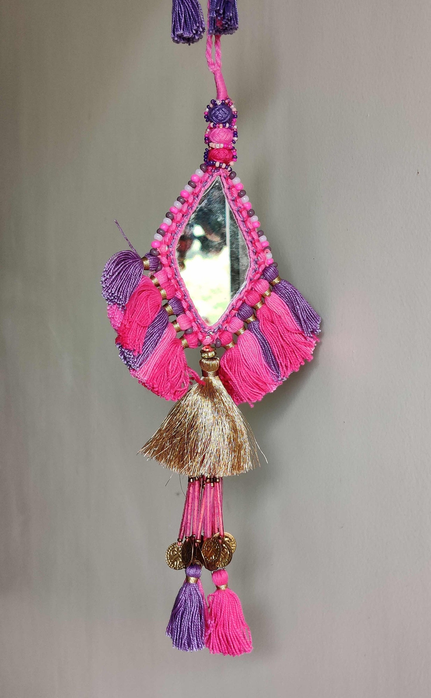 Boho Pink Blue Mirror Tassel,Handmade Charm,Pink Tufeted Tassel Latkan, Quirky Kitschy Indian Tribal Bag Charm,Christmas Tree Supplies