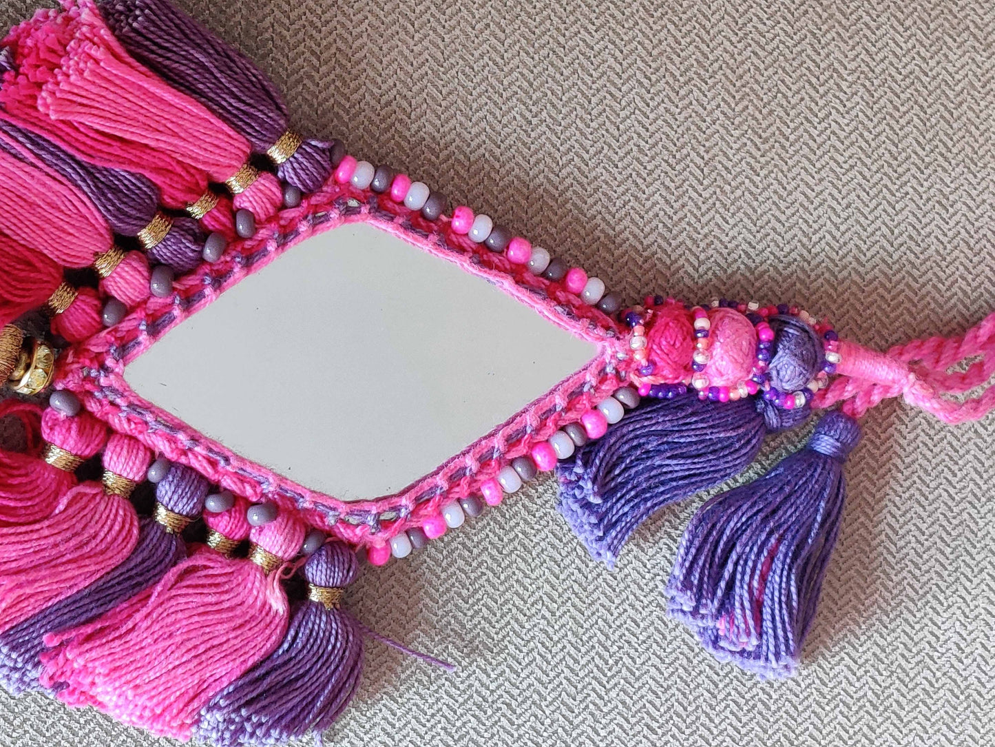 Boho Pink Blue Mirror Tassel,Handmade Charm,Pink Tufeted Tassel Latkan, Quirky Kitschy Indian Tribal Bag Charm,Christmas Tree Supplies