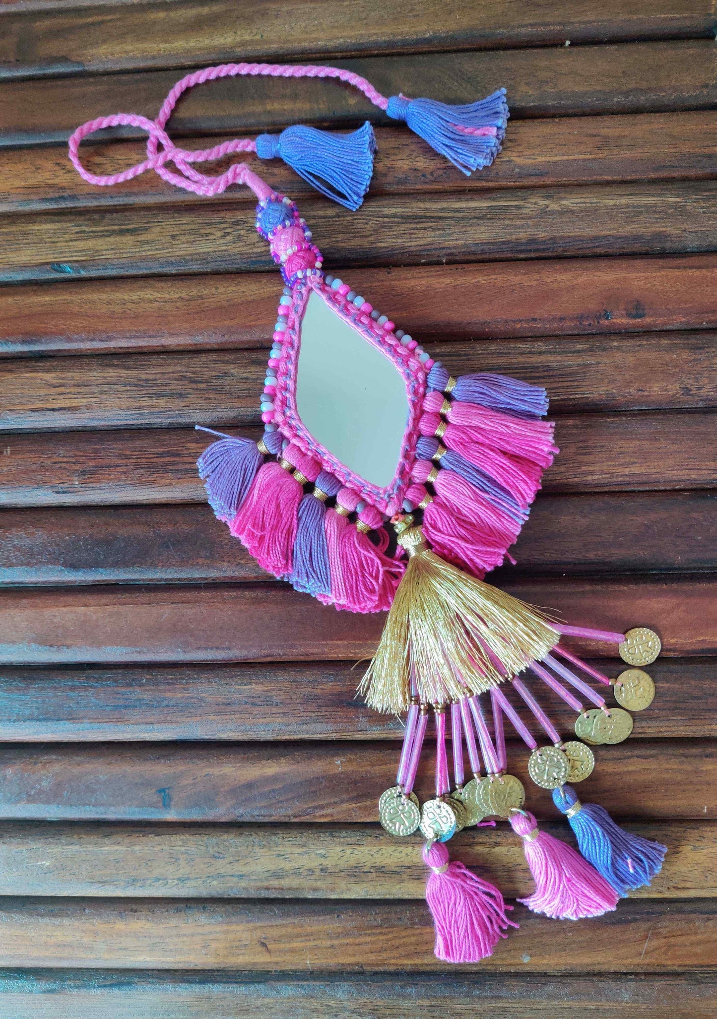 Boho Pink Blue Mirror Tassel,Handmade Charm,Pink Tufeted Tassel Latkan, Quirky Kitschy Indian Tribal Bag Charm,Christmas Tree Supplies