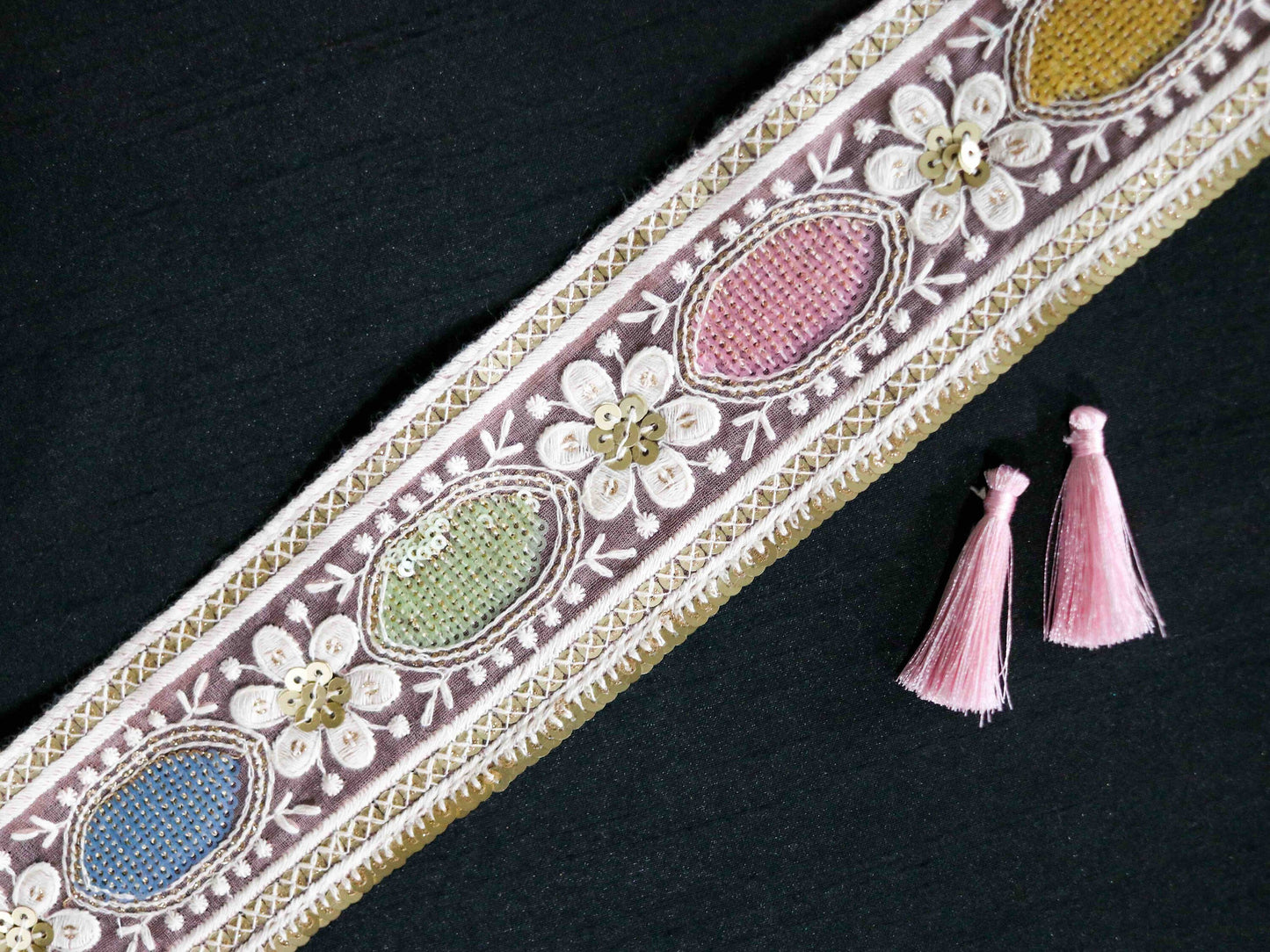 Pink White Floral Embroidered Trim,Net Sequins Border,Pink Pastel Lucknowi Chikankari Lace,Pink Net Floral Saree Border,Price/mtr